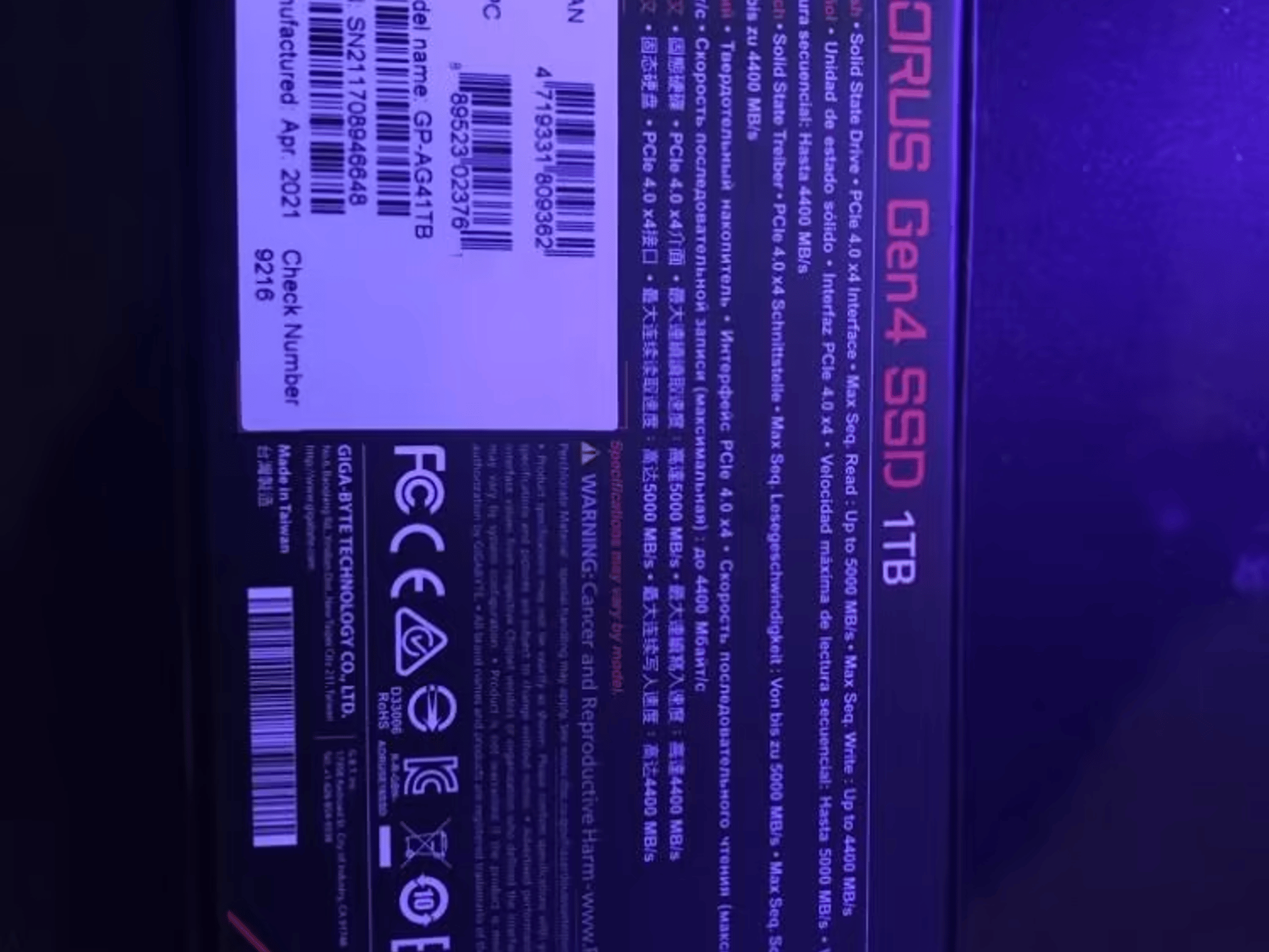 Gigabyte AORUS Gen4 1 TB M.2-2280 NVME Solid State Drive
