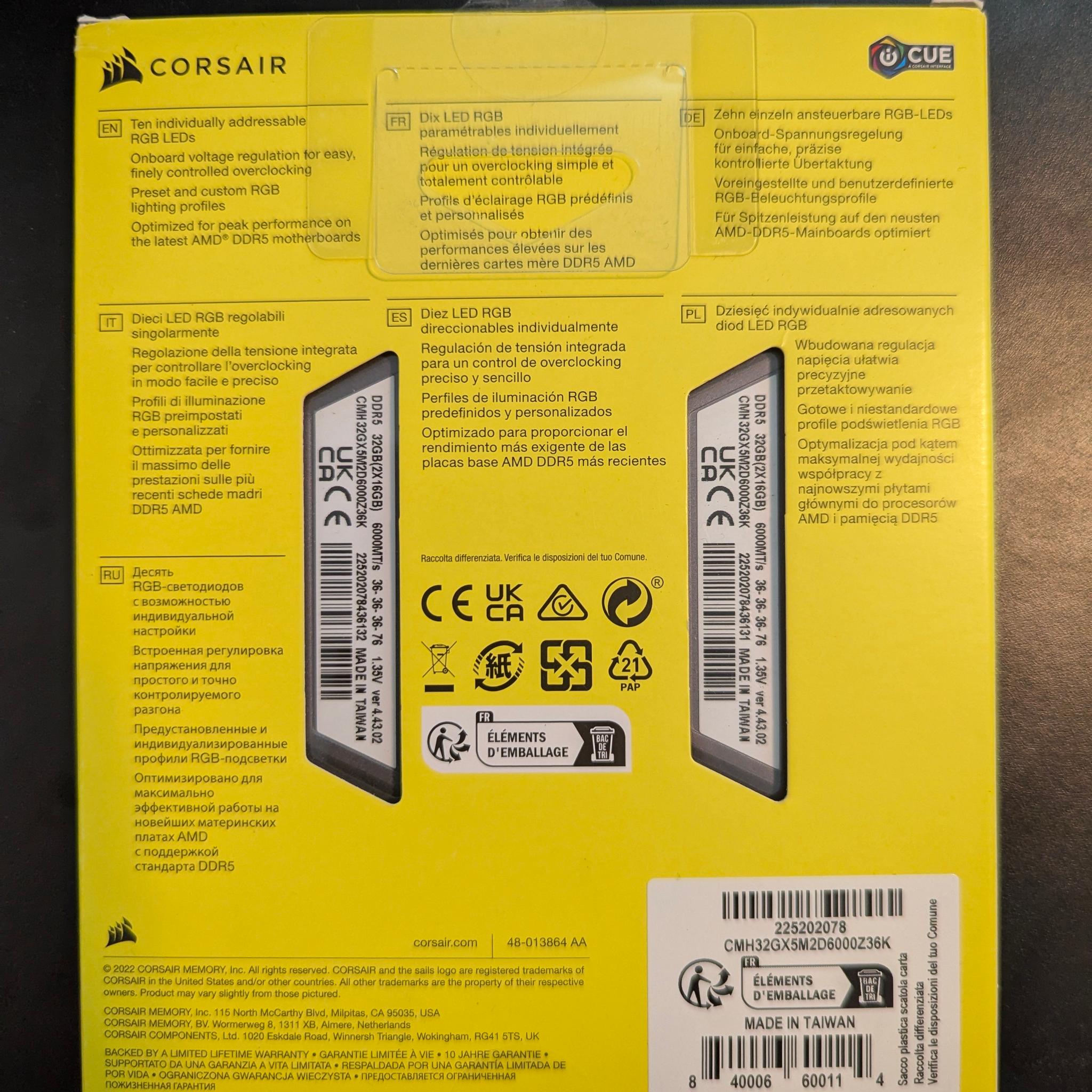 Corsair Vengeance RGB DDR5 32GB (2x16GB) 6000MHz C36 AMD® Expo Compatibility Cool Gray