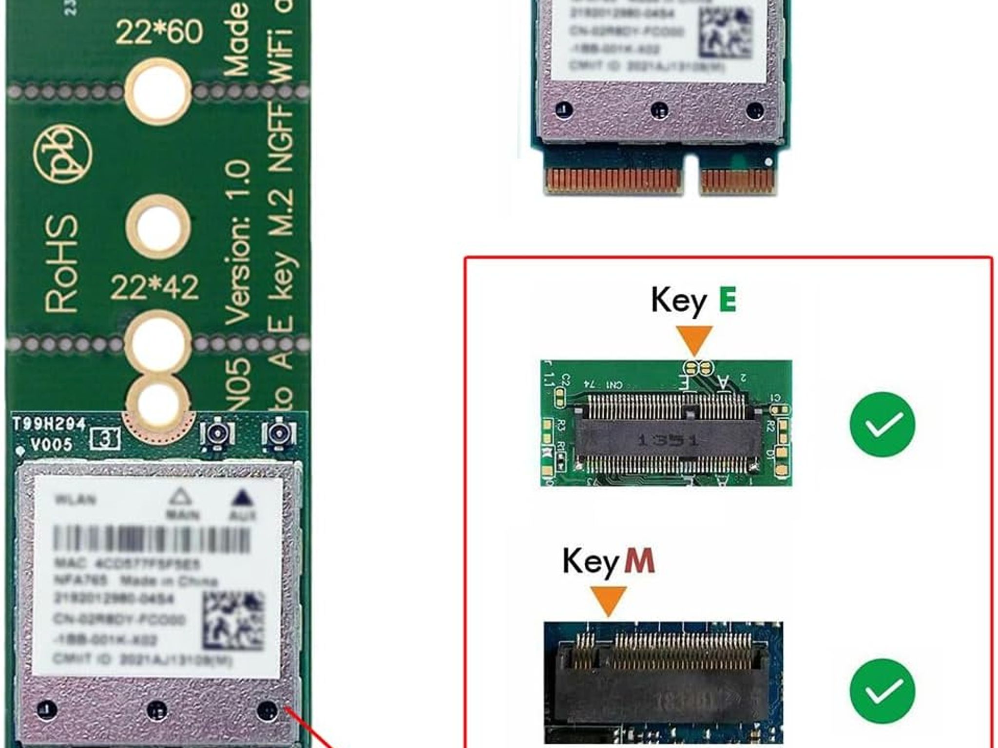 NFHK WiFi Riser Card NGFF Key-E Wireless Networking Card to M.2 NGFF NVME SSD Adapter Key-M
