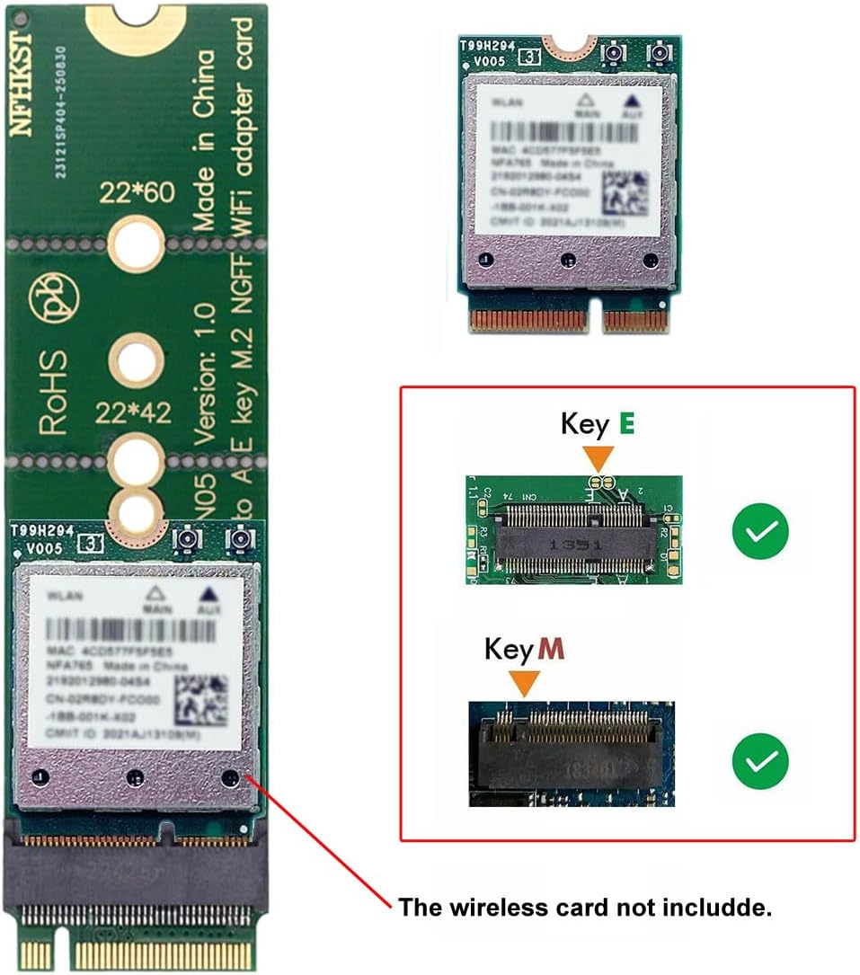 NFHK WiFi Riser Card NGFF Key-E Wireless Networking Card to M.2 NGFF NVME SSD Adapter Key-M