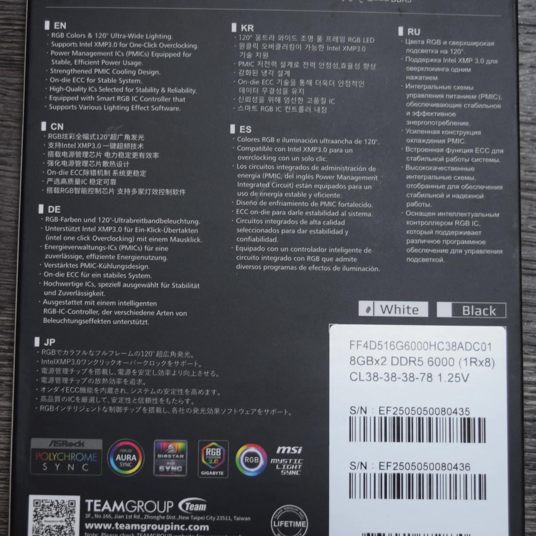 Team Group 16GB (2 x 8GB) 288-Pin White DDR5 6000 CL38 FF4D516G6000HC38ADC01