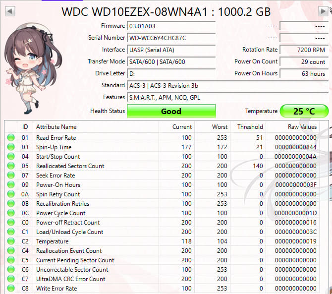 WD Blue 1TB 7200RPM SATA Hard Drive | Only 63 Power-On Hours