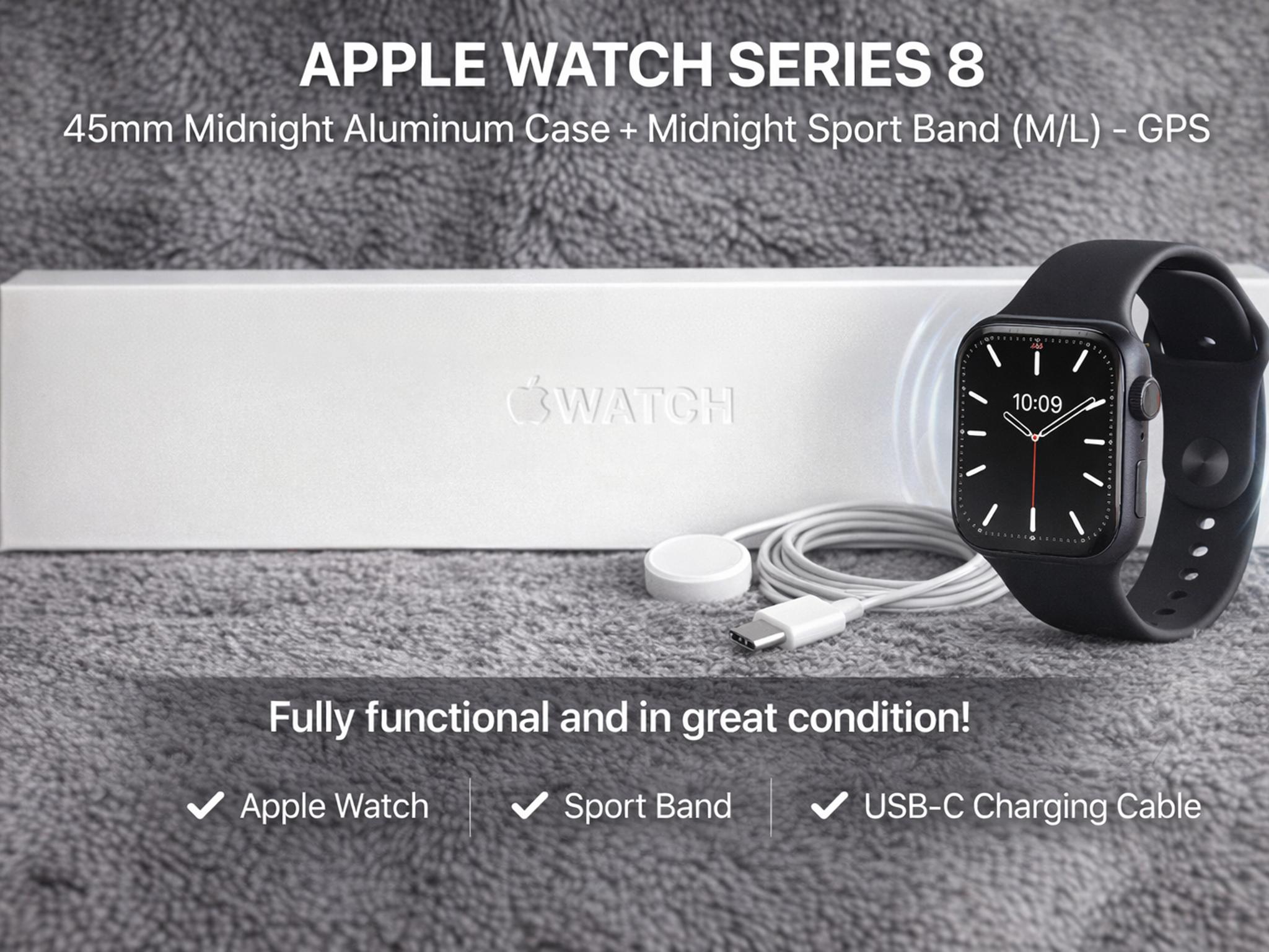 Apple Watch Series 8, 45mm Midnight Aluminum Case with Midnight Sport Band (M/L). Model A2771, GPS