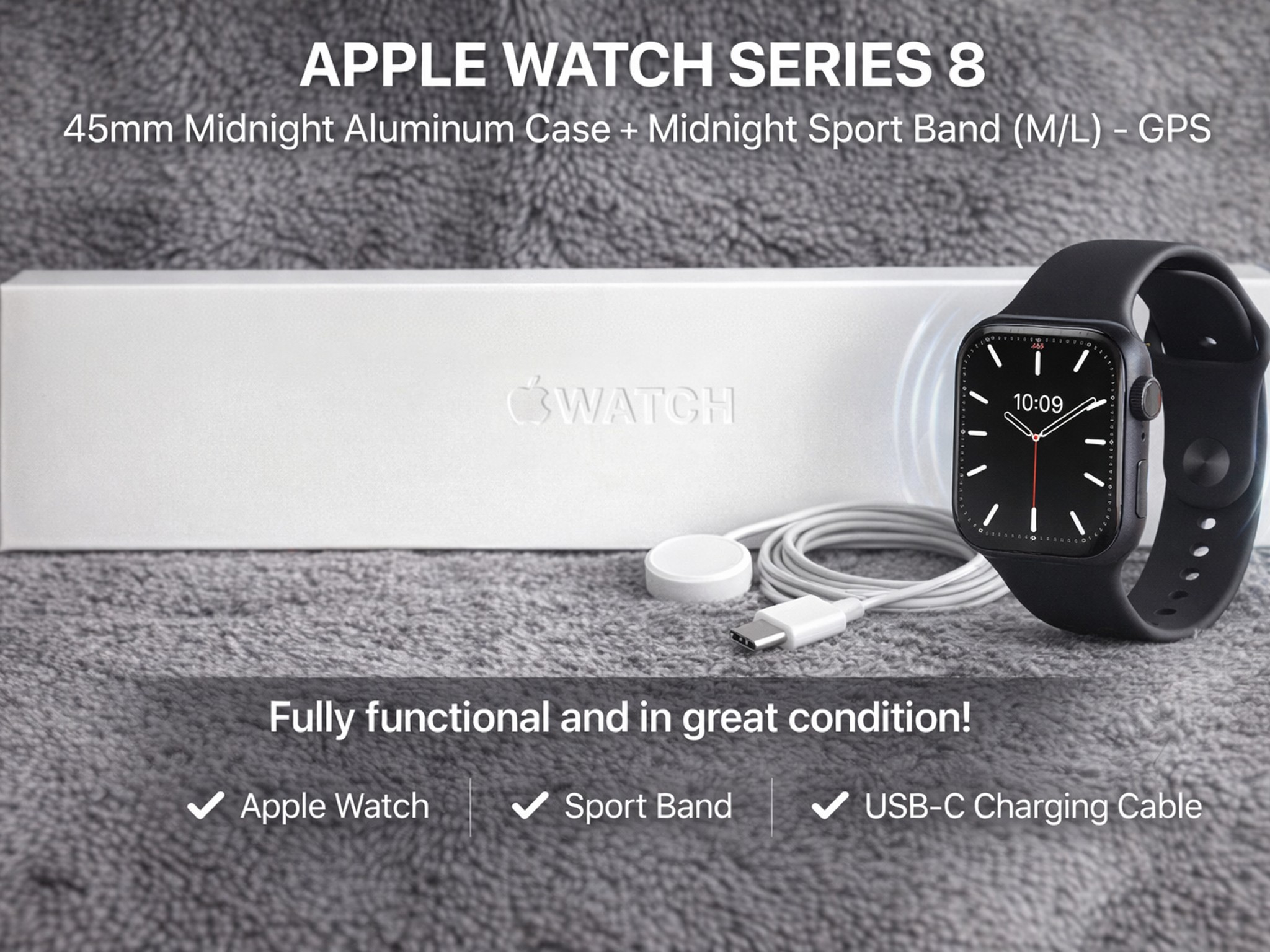 Apple Watch Series 8, 45mm Midnight Aluminum Case with Midnight Sport Band (M/L). Model A2771, GPS