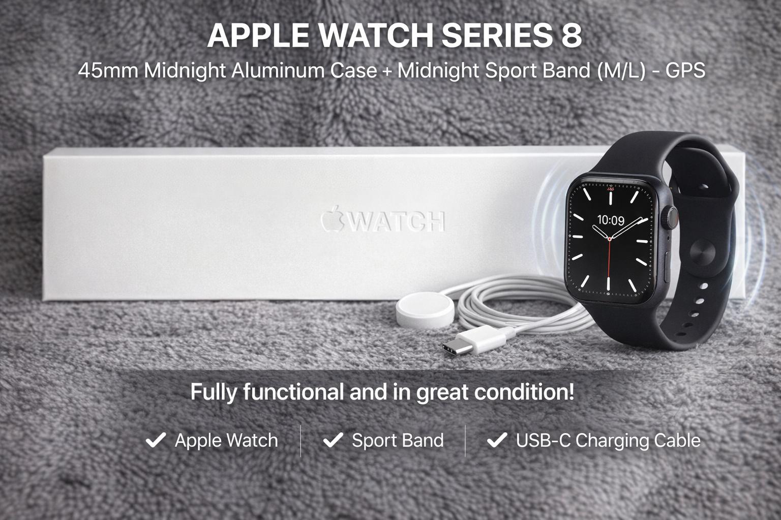 Apple Watch Series 8, 45mm Midnight Aluminum Case with Midnight Sport Band (M/L). Model A2771, GPS