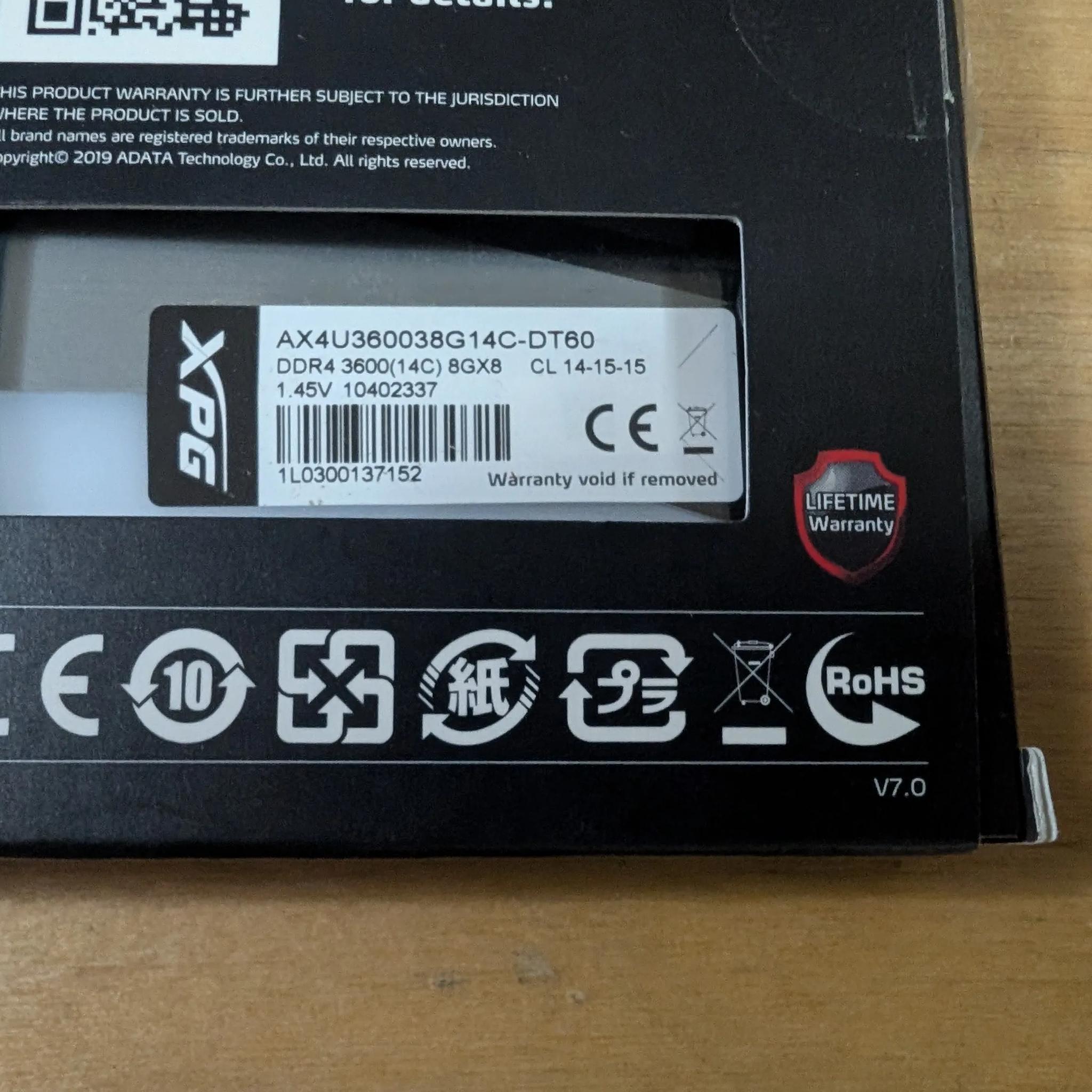 16GB DDR4 3600mhz CL14 RGB XPG Spectrix D60G 1.45v