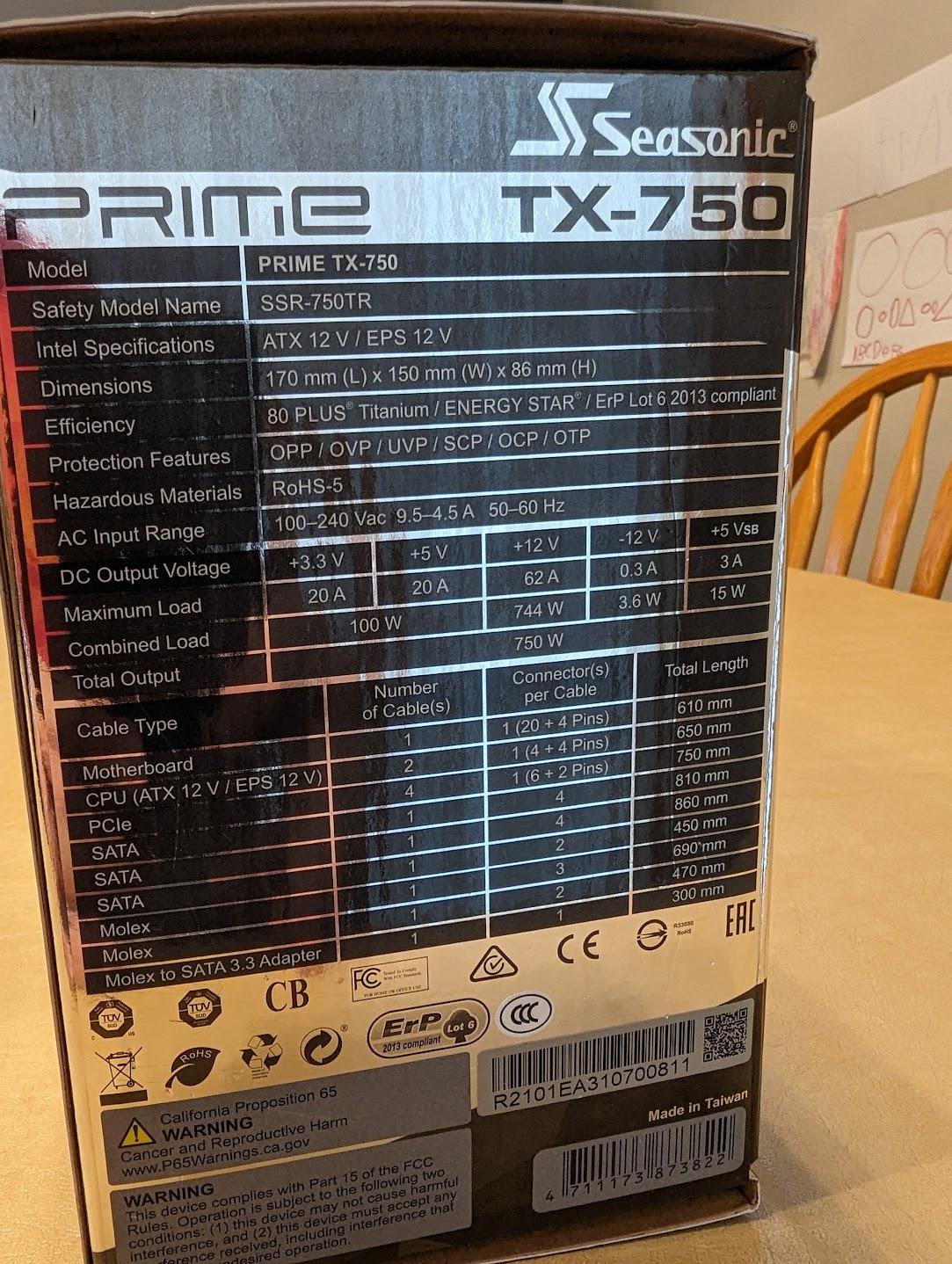 Seasonic PRIME 750W Titanium TX-750 SSR-750TR Power Supply - BRAND NEW