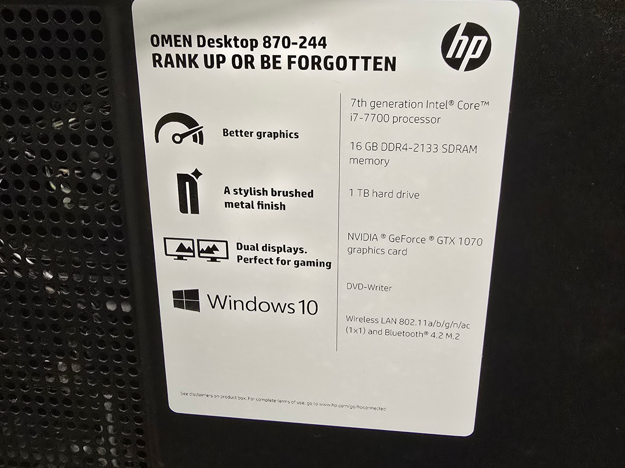HP Omen 870-244 Gaming PC i7-7700 16GB RAM NO HDD GTX 1070 8GB