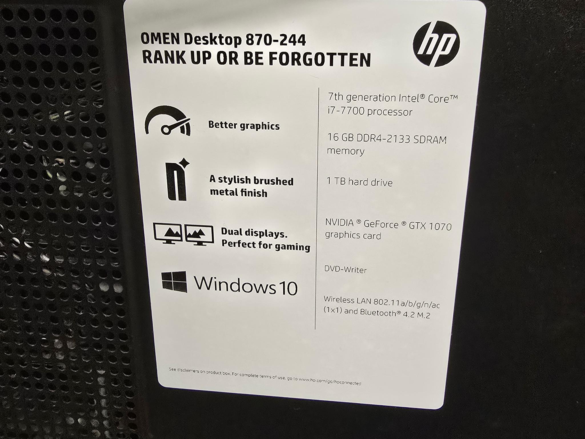 HP Omen 870-244 Gaming PC i7-7700 16GB RAM NO HDD GTX 1070 8GB