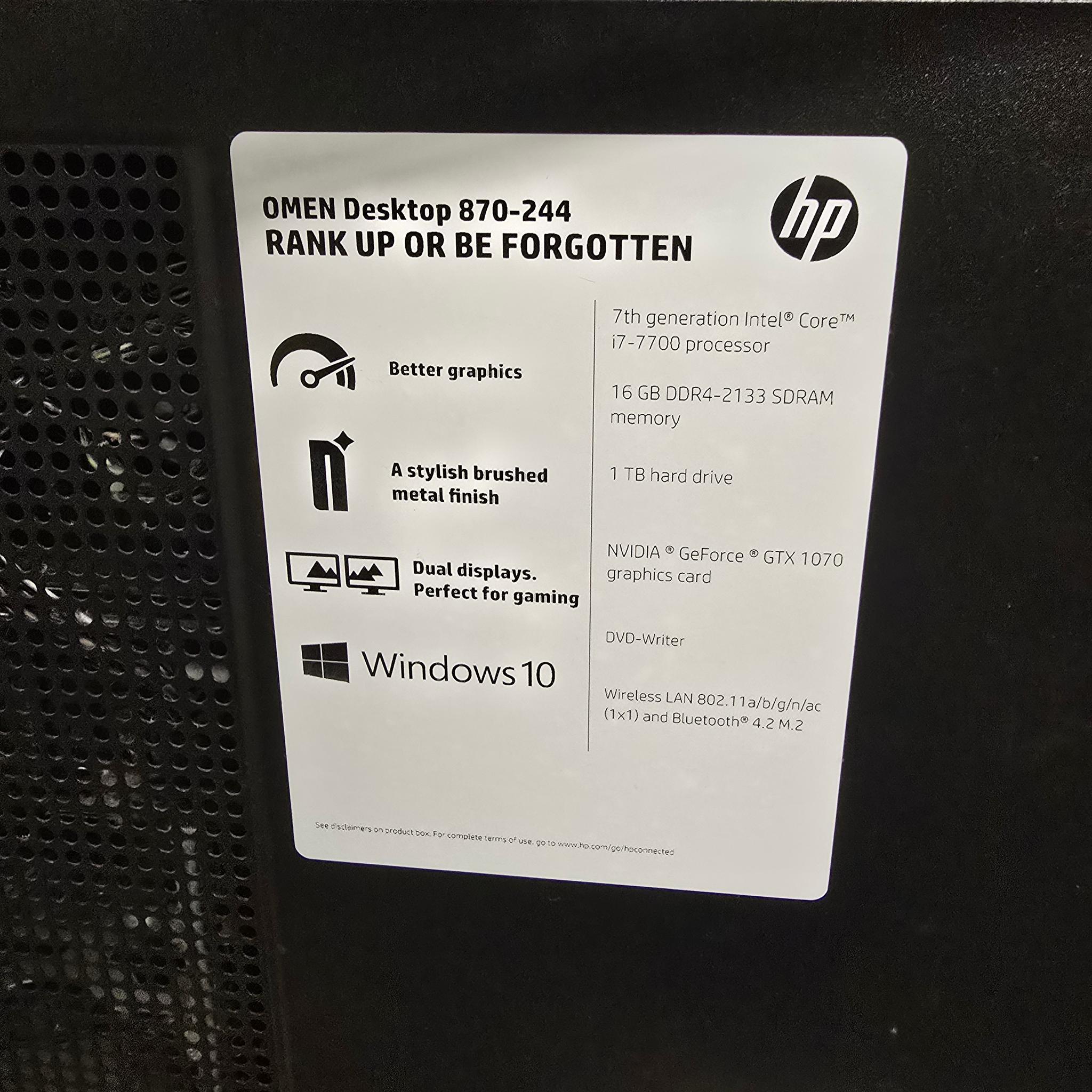 HP Omen 870-244 Gaming PC i7-7700 16GB RAM NO HDD GTX 1070 8GB
