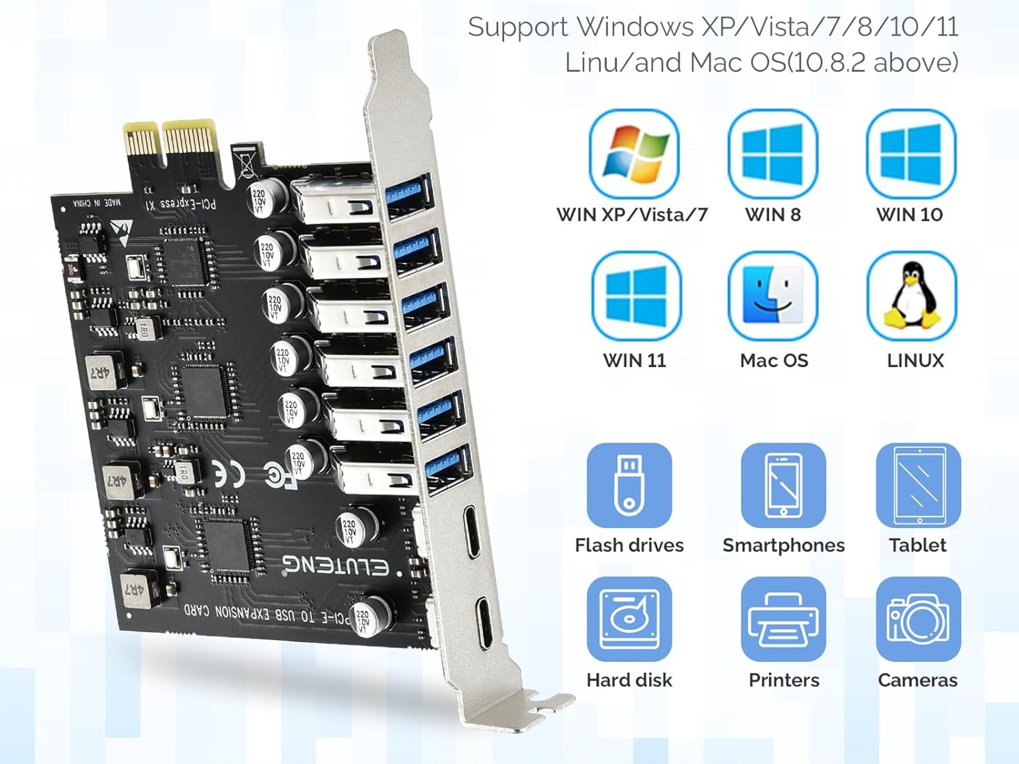 PCIE USB 3.2 Card 8 Ports PCIe to USB C Expansion Superspeed 6 USB and 2 Type C PCI-e USB 3.0