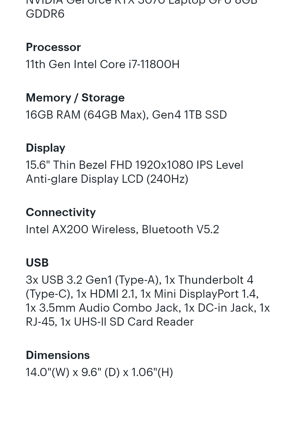 Gigabyte Aorus 15.6 IPS 240Hz Gaming Laptop - I7 - RTX 3070 