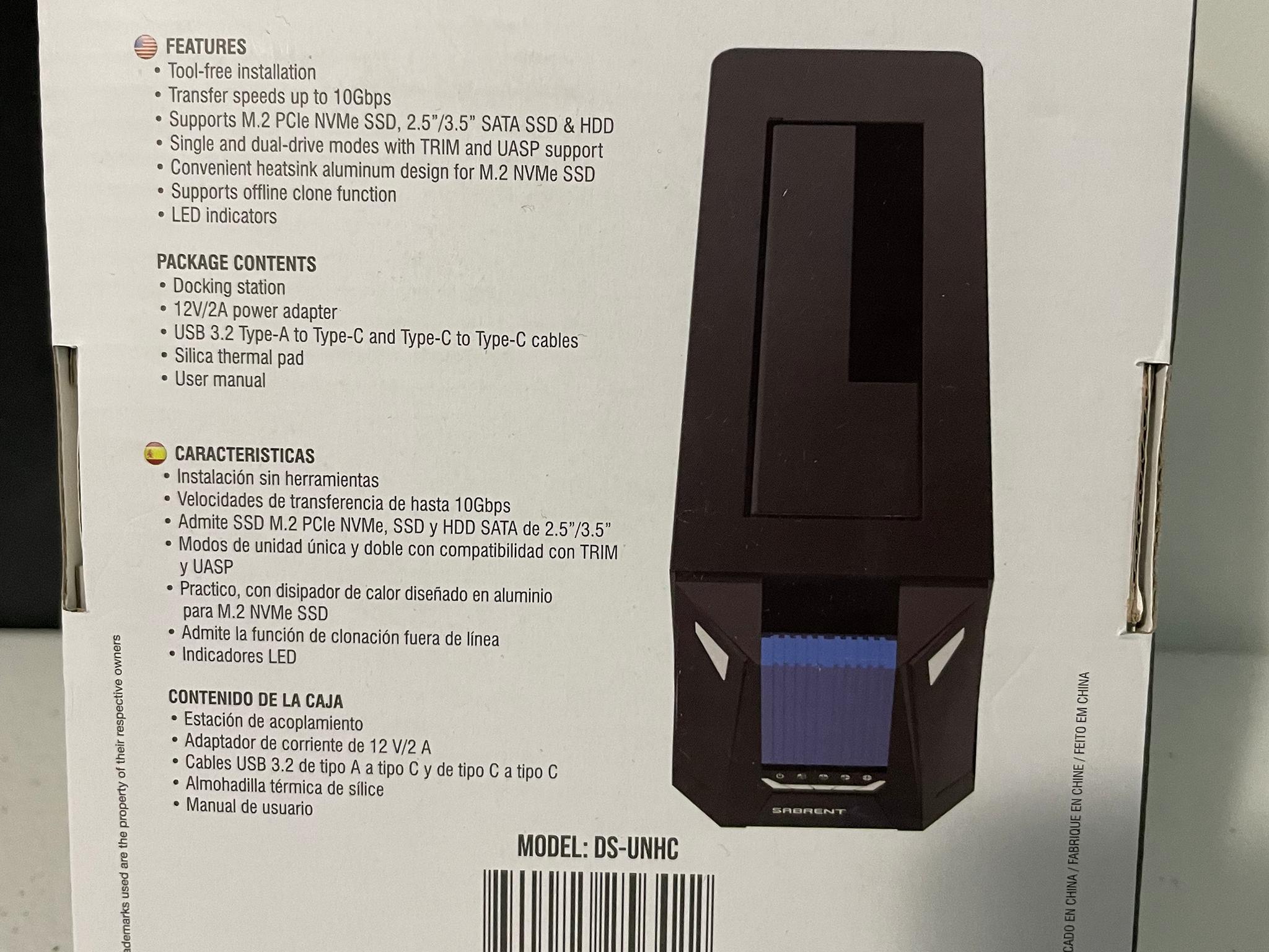 SABRENT(DS-UNHC) Docking Station: M.2 PCIe/NVMe & SATA 2.5/3.5-Inch SSD/HDD