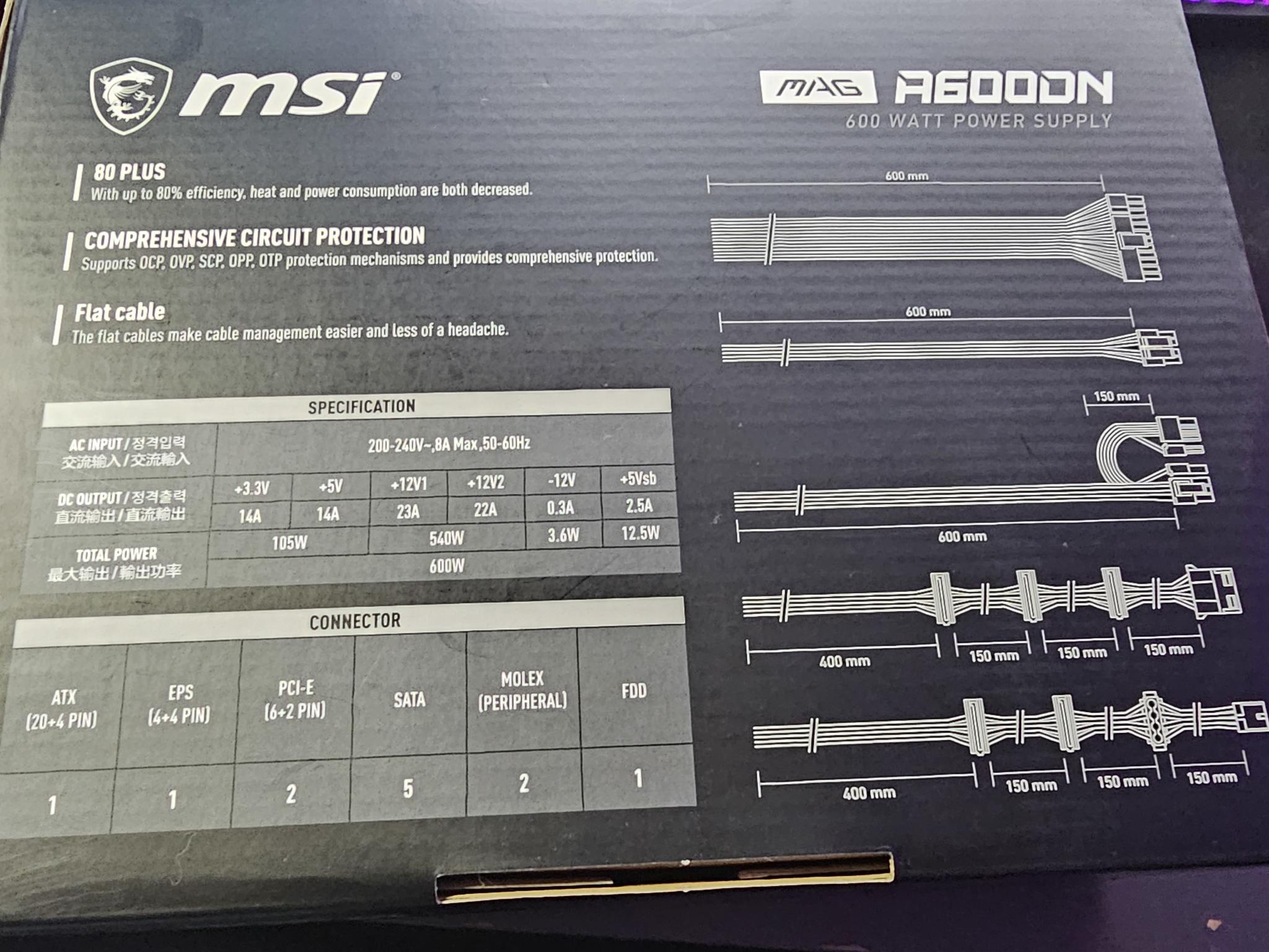 MSI MAG A600DN (600W POWER SUPPLY)(AC INPUT: 200-240V~)