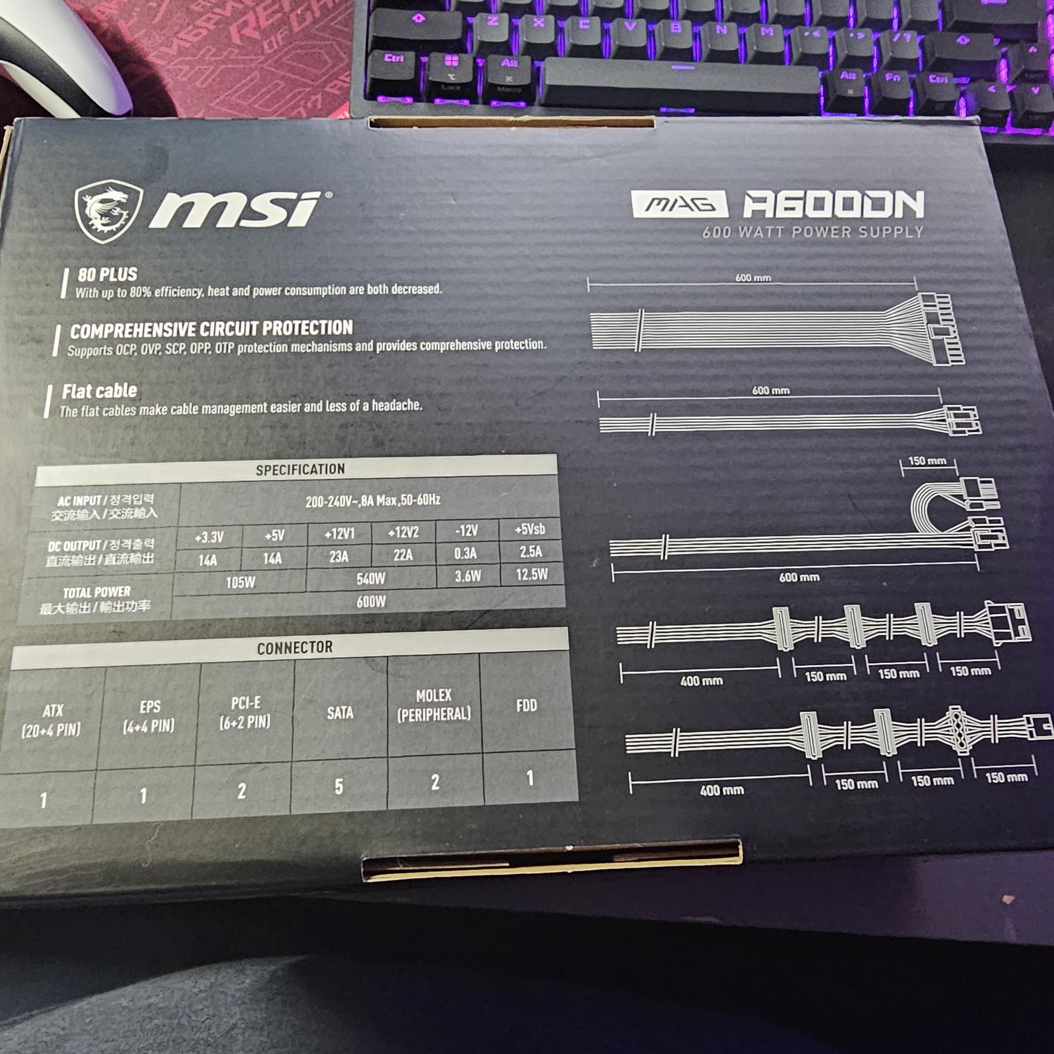 MSI MAG A600DN (600W POWER SUPPLY)(AC INPUT: 200-240V~)