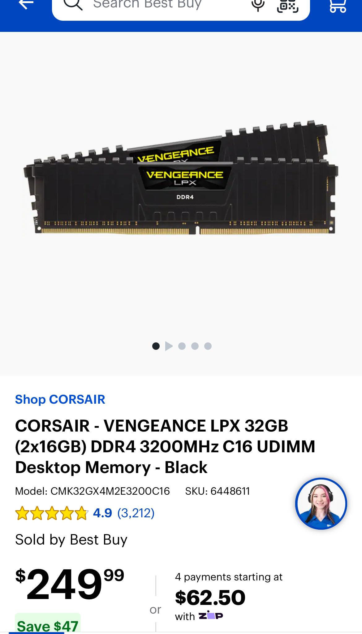 CORSAIR - VENGEANCE LPX 32GB (2x16GB) DDR4 3200MHz C16 UDIMM Desktop Memory - Black