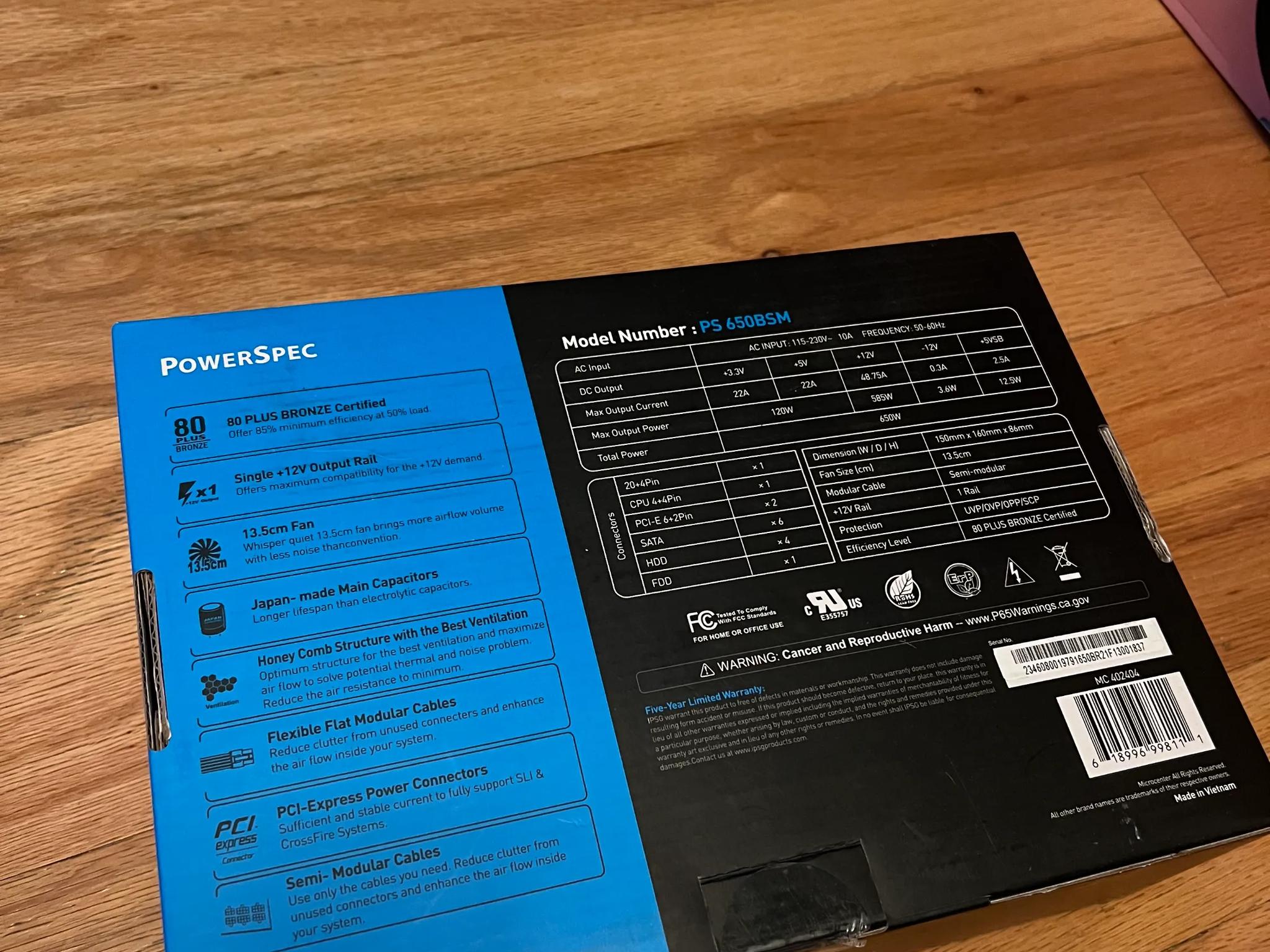 PowerSpec 650 Watt 80 Plus Bronze ATX Semi-Modular Power Supply