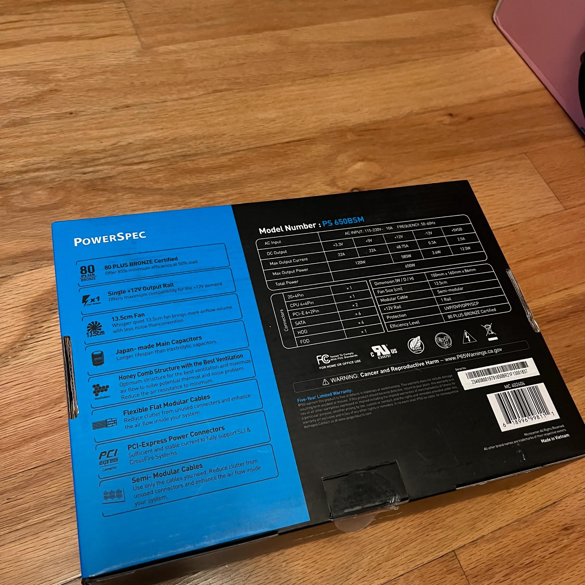 PowerSpec 650 Watt 80 Plus Bronze ATX Semi-Modular Power Supply
