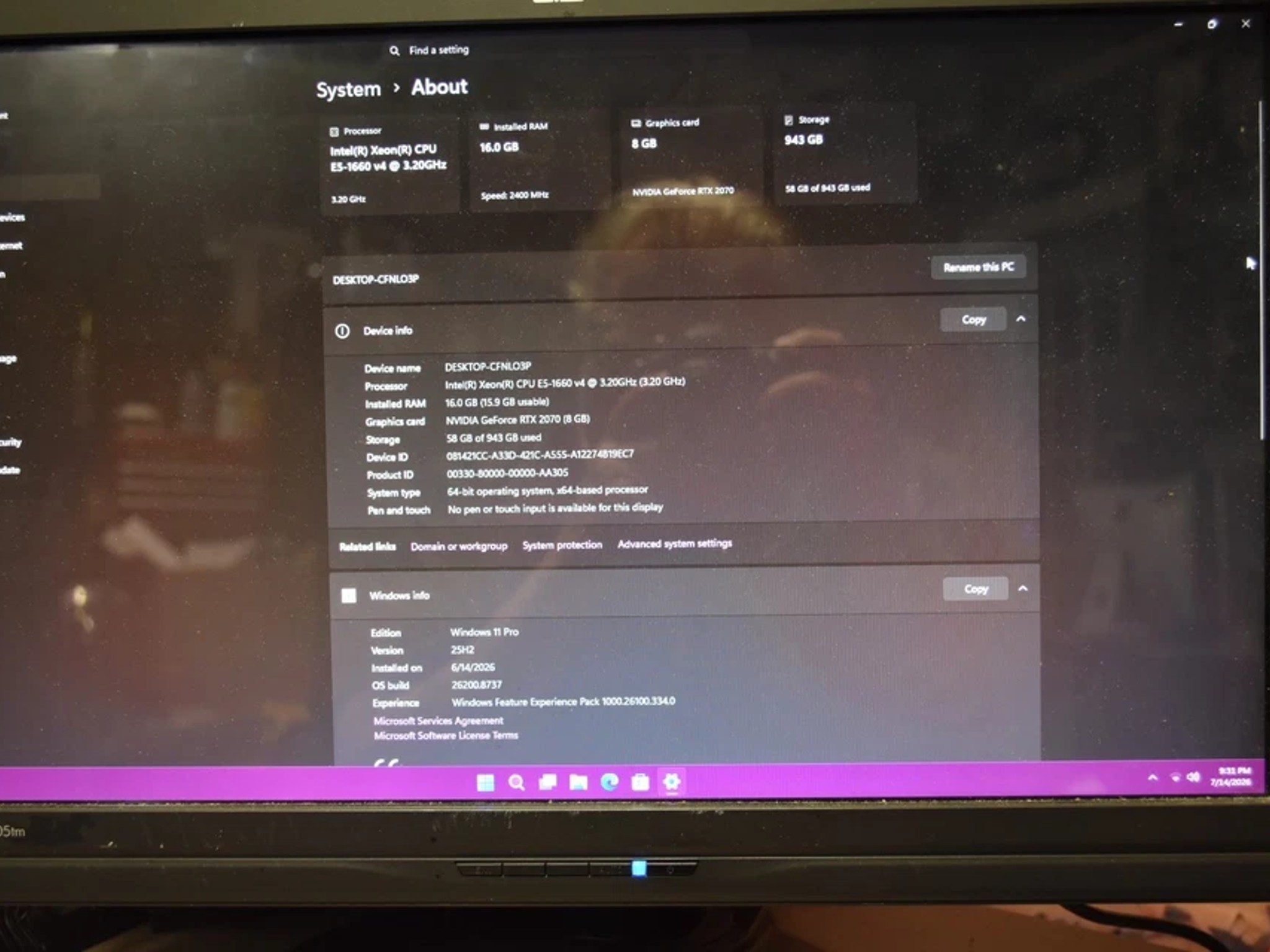INTEL XEON 1660 3.30 GHz 8core 16 threads RAM 16GB GPU RTX 2070 8GB 512 GB SSD +500 GB HHD+ Extras
