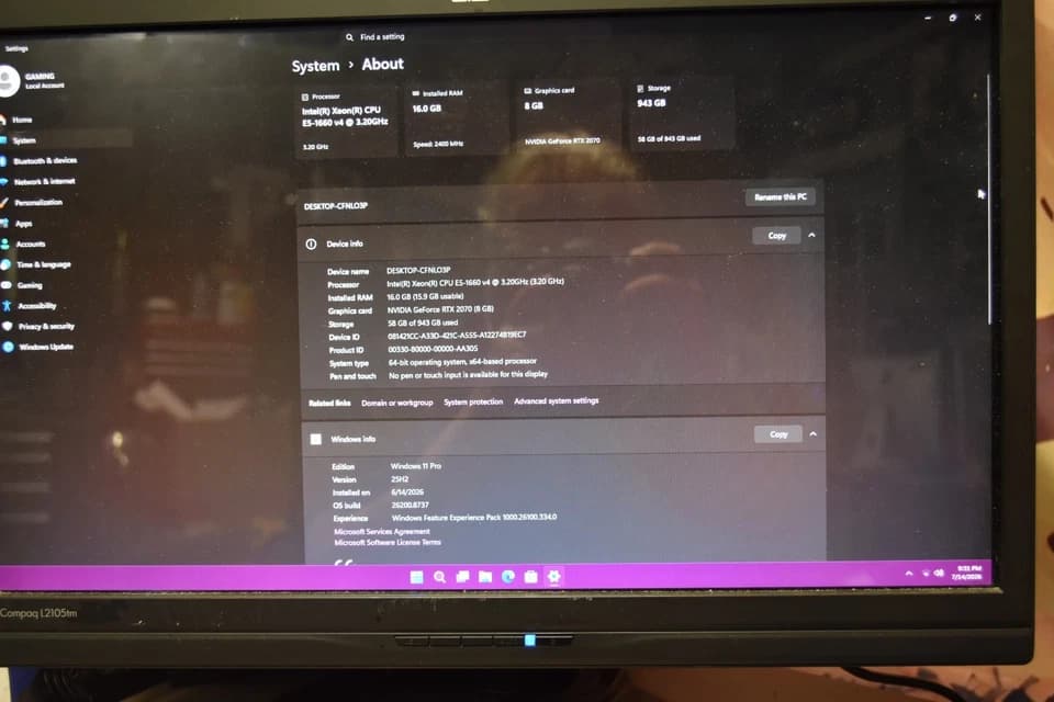 INTEL XEON 1660 3.30 GHz 8core 16 threads RAM 16GB GPU RTX 2070 8GB 512 GB SSD +500 GB HHD+ Extras