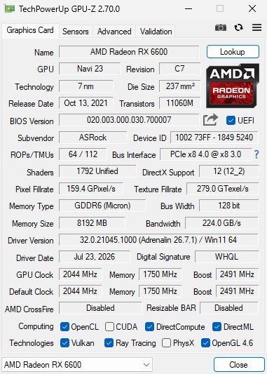 ASRock Challenger Radeon RX 6600