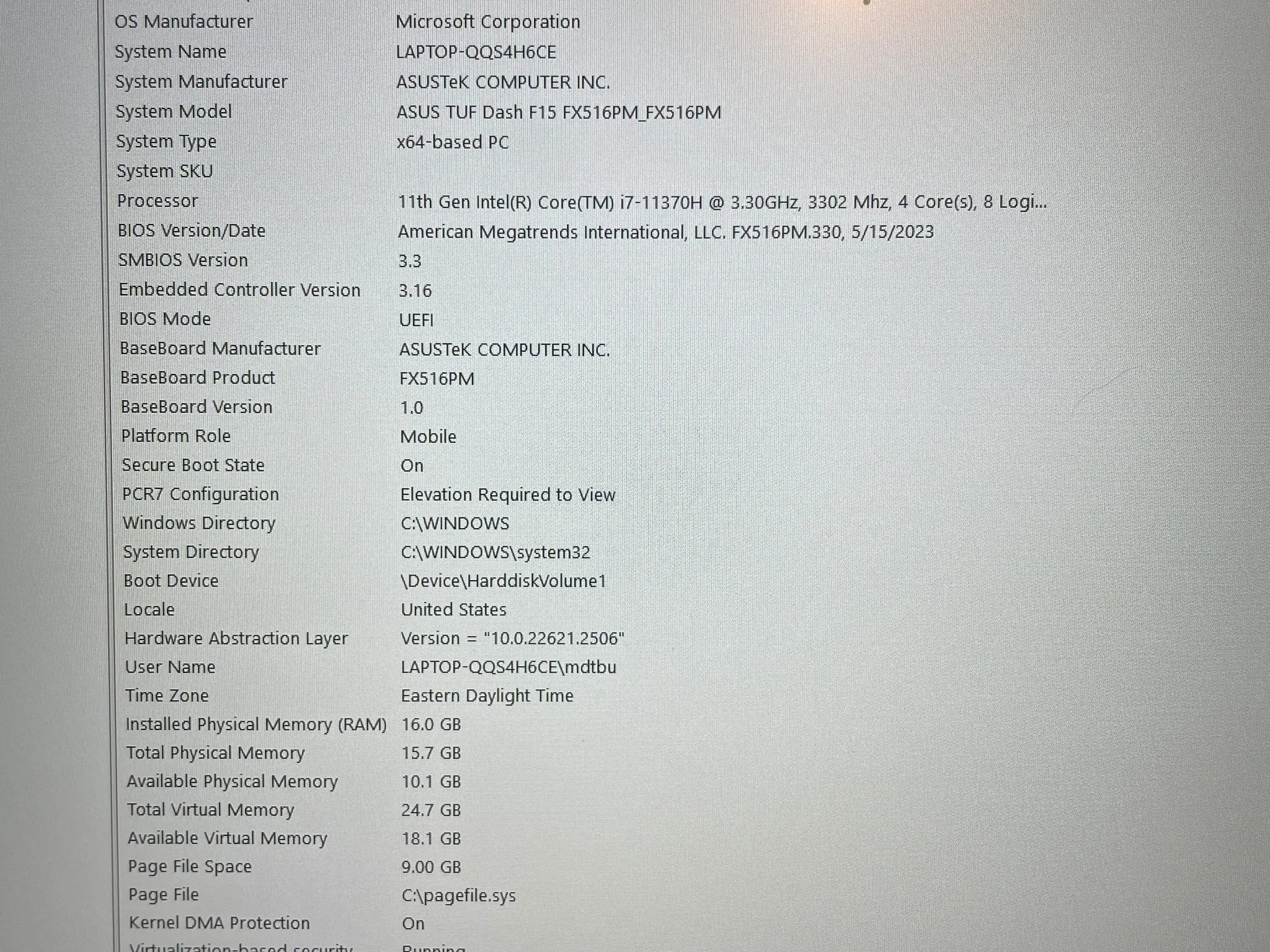 Asus TUF Dash F15 FX516P i7-11370H 16GB RAM 500GB SSD 15.6" FHD 144Hz RTX 3060