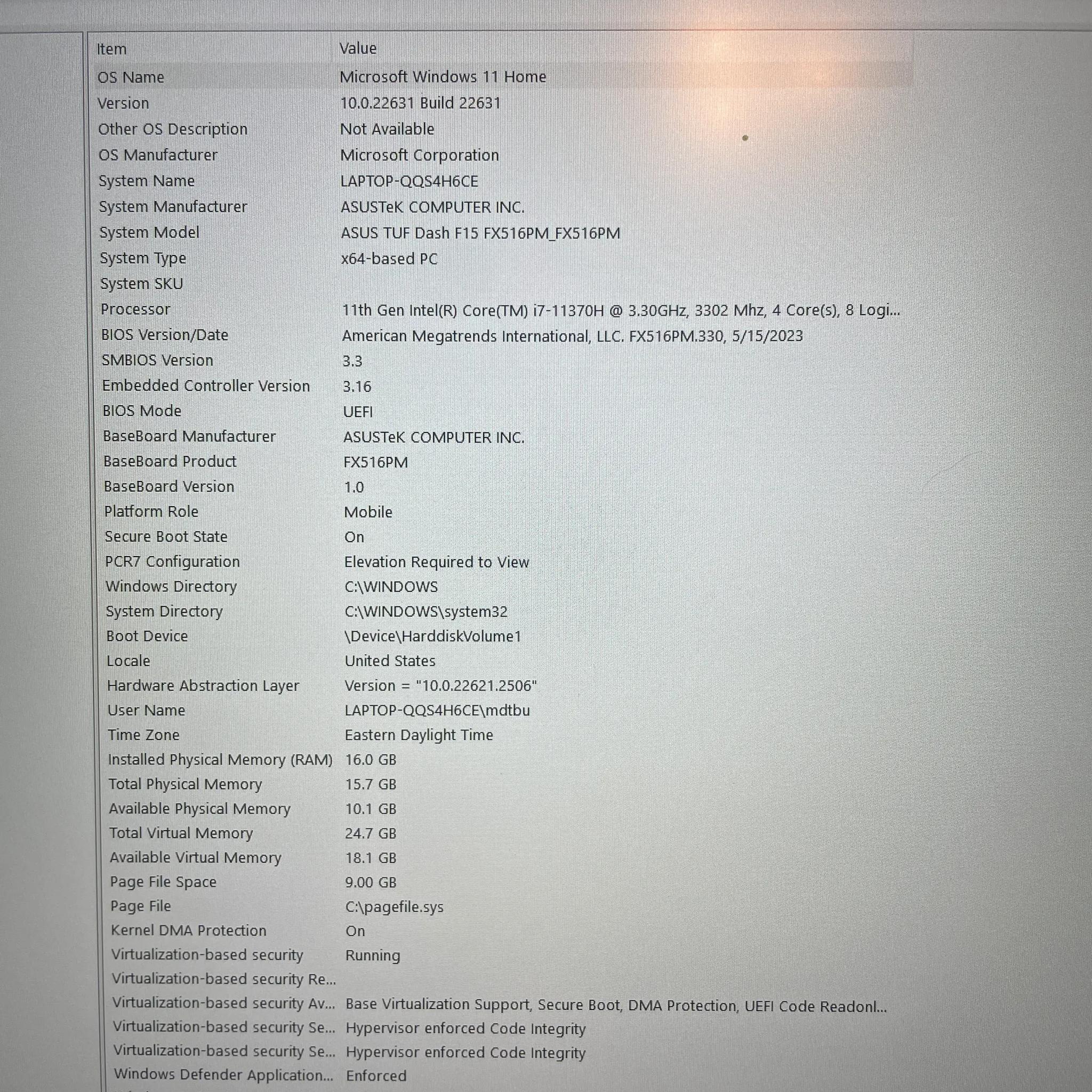 Asus TUF Dash F15 FX516P i7-11370H 16GB RAM 500GB SSD 15.6" FHD 144Hz RTX 3060