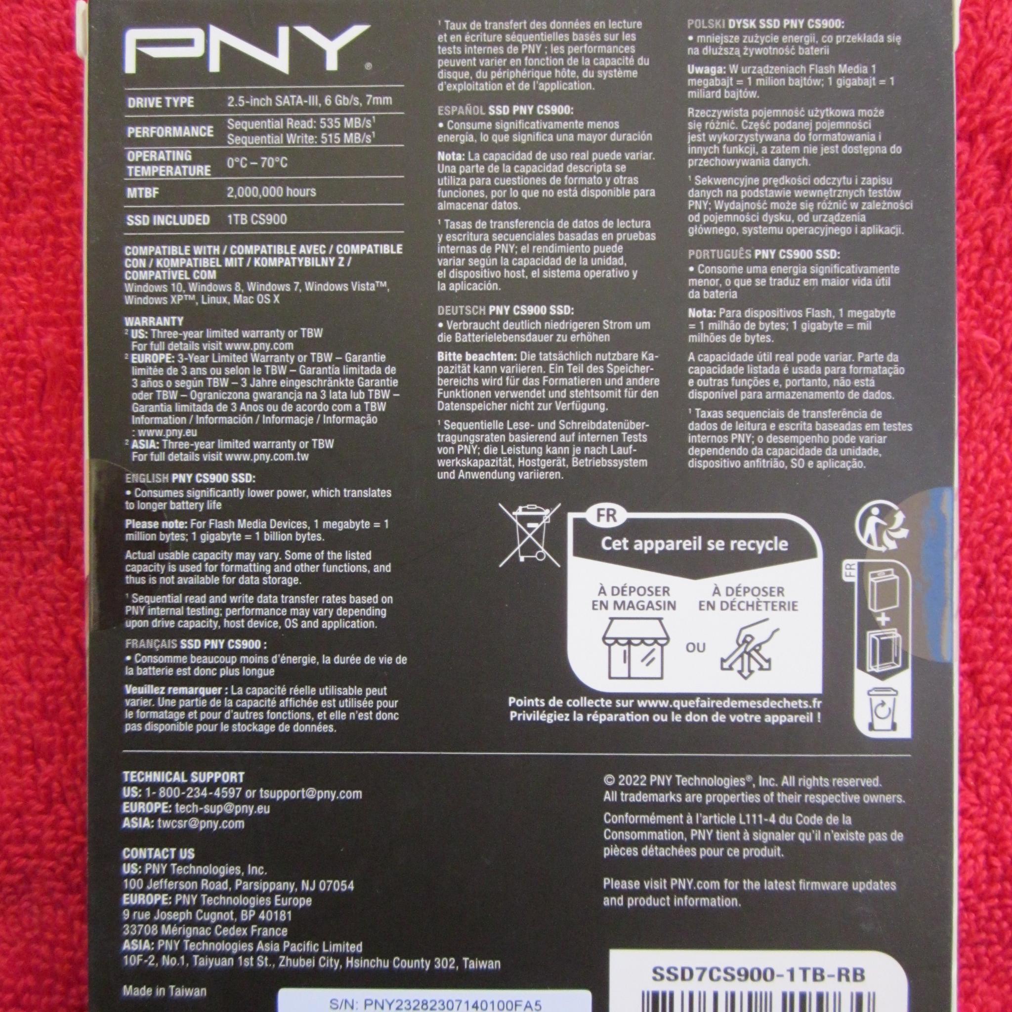 NEW SEALED PNY CS900 2.5" 1TB SATA III SSD SSD7CS900-1TB-RB