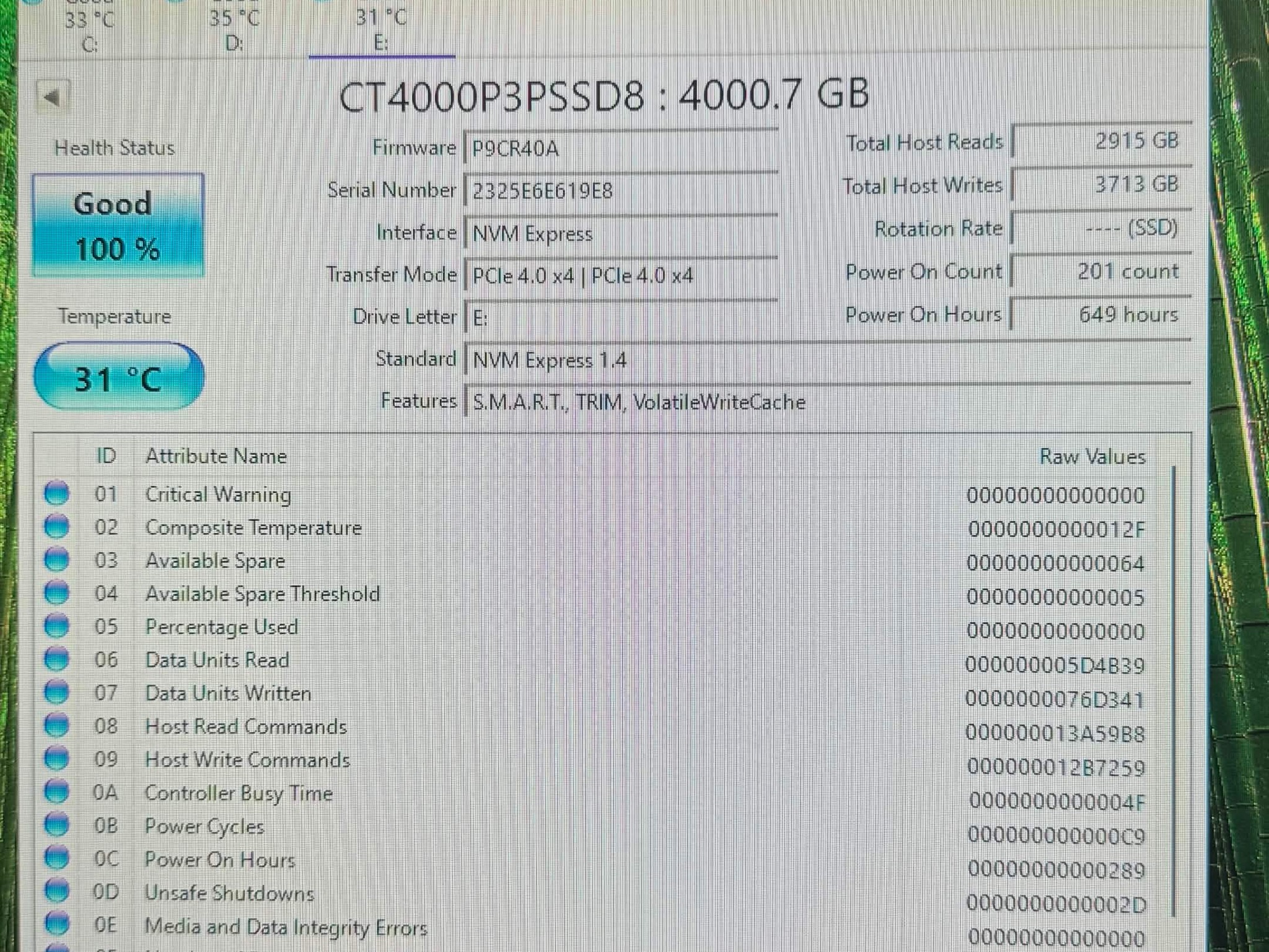 Crucial P3 Plus 4TB M.2 2280 NVMe PCIe Gen4 x4 SSD 100% Health