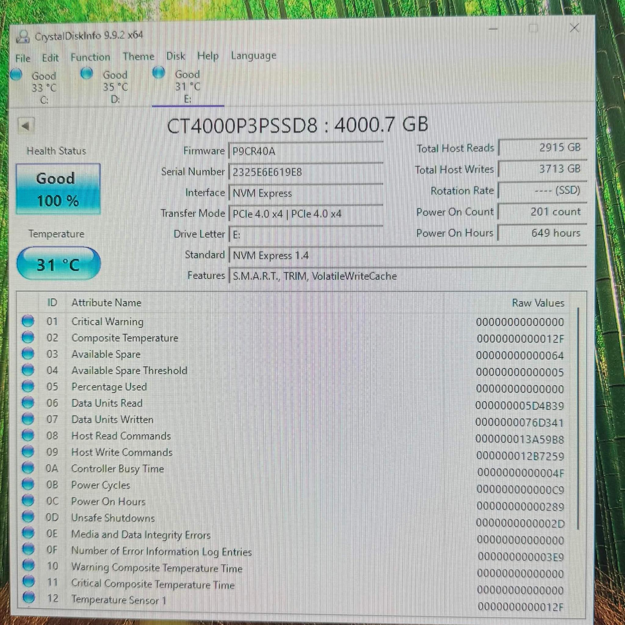Crucial P3 Plus 4TB M.2 2280 NVMe PCIe Gen4 x4 SSD 100% Health
