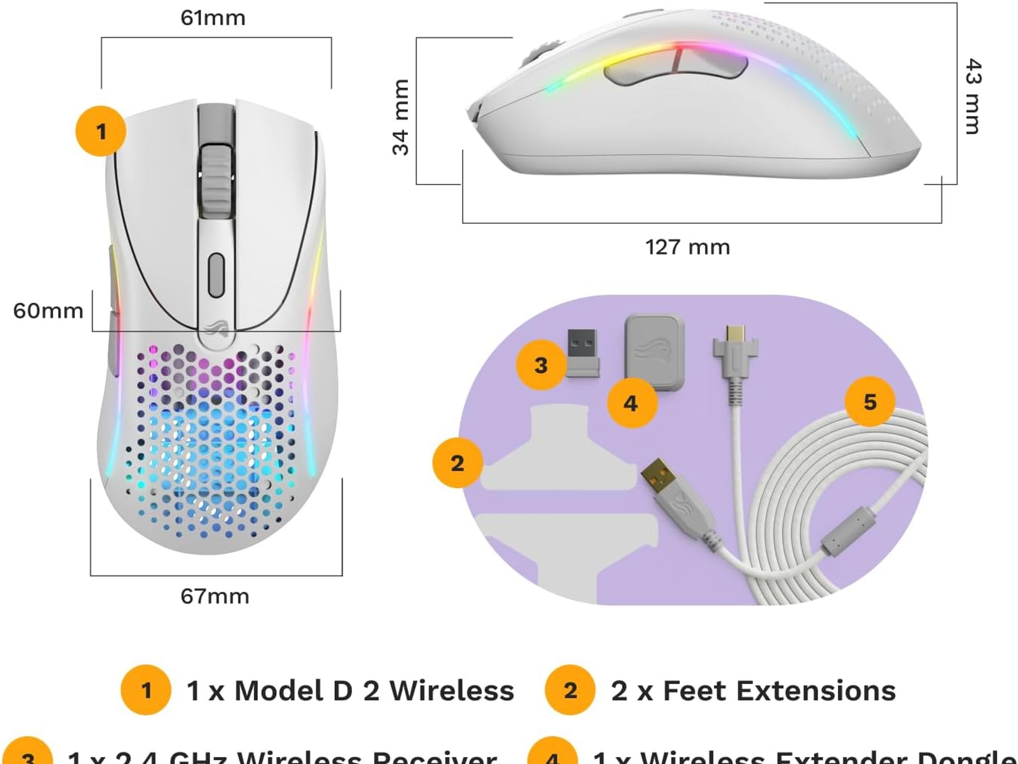 Glorious Gaming - D 2 Wireless Ergonomic Mouse, Superlight 66g (White)