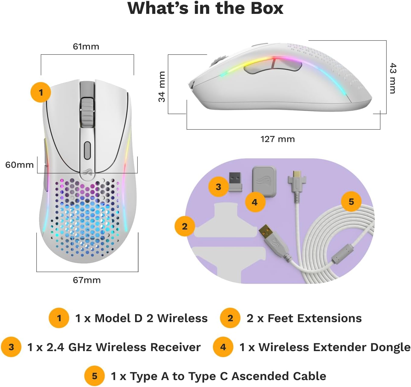 Glorious Gaming - D 2 Wireless Ergonomic Mouse, Superlight 66g (White)
