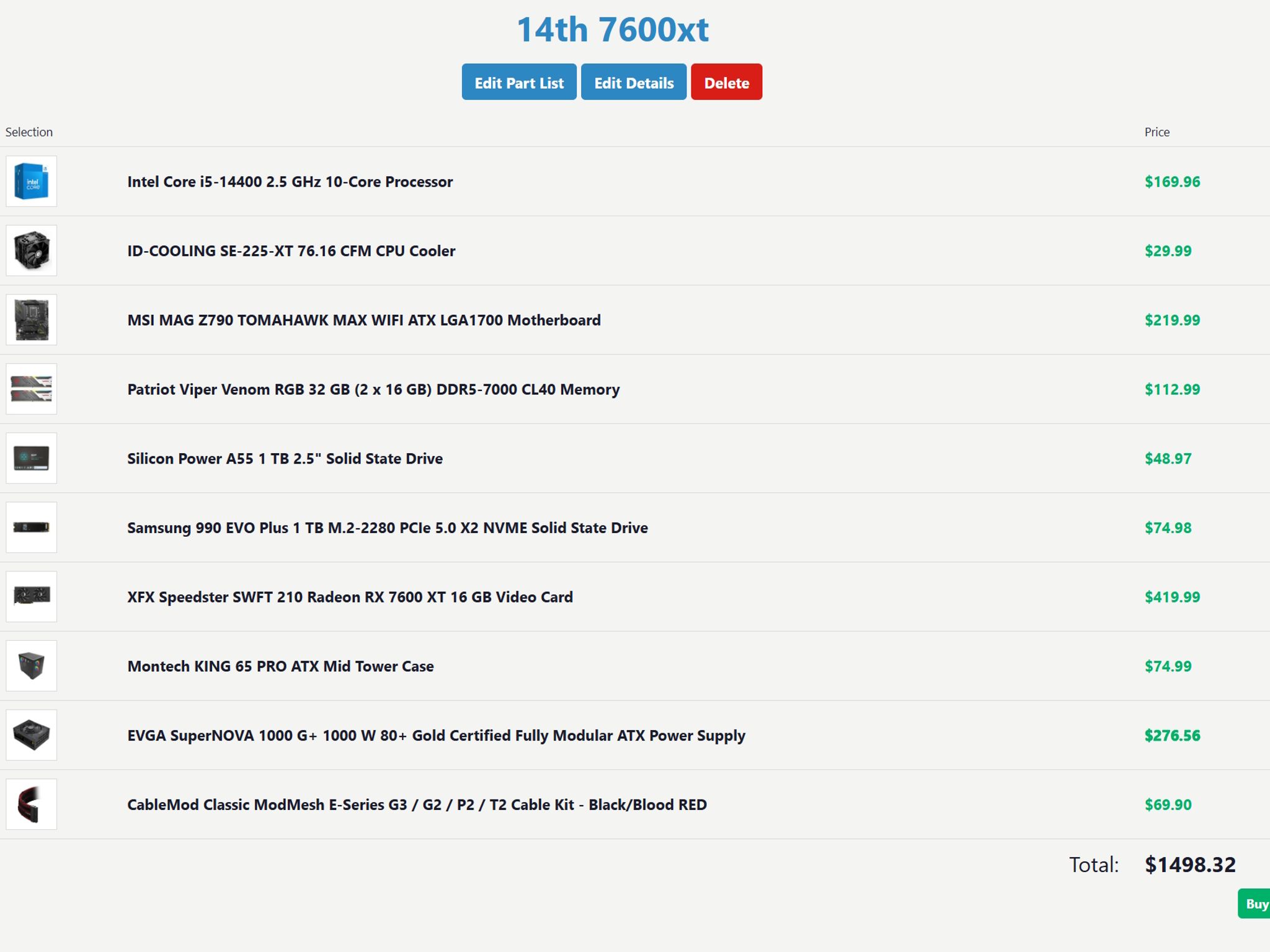Intel i5 14400 AMD XFX Speedster SWFT 210 Radeon RX 7600 XT 16 GB  MSI Tomahawk MAG MAX 32GB DDR5