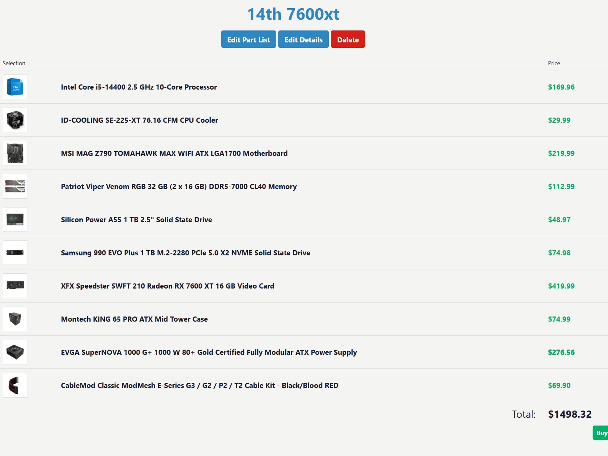 Intel i5 14400 AMD XFX Speedster SWFT 210 Radeon RX 7600 XT 16 GB  MSI Tomahawk MAG MAX 32GB DDR5