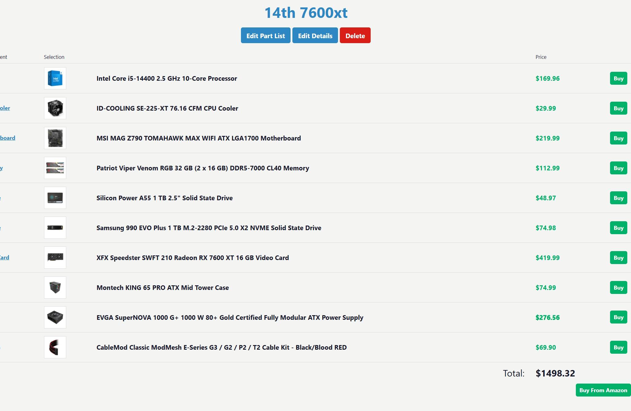 Intel i5 14400 AMD XFX Speedster SWFT 210 Radeon RX 7600 XT 16 GB  MSI Tomahawk MAG MAX 32GB DDR5