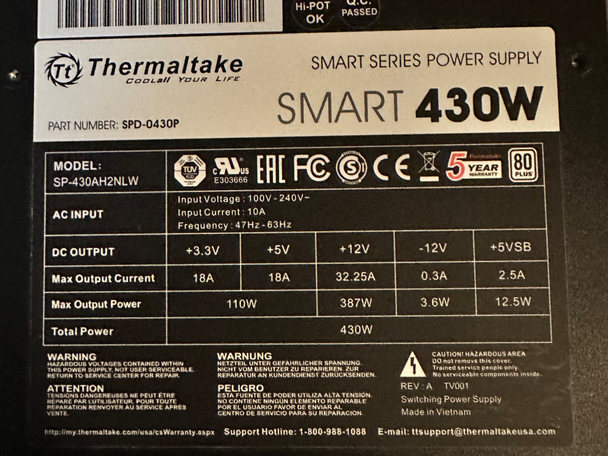 Used Thermaltake Smart 430w PSU