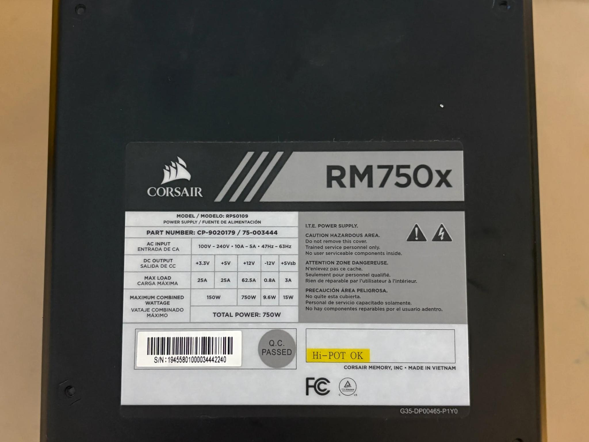 Corsair RM750x, 750 Watt, 80+ Gold Certified, Fully Modular Power Supply