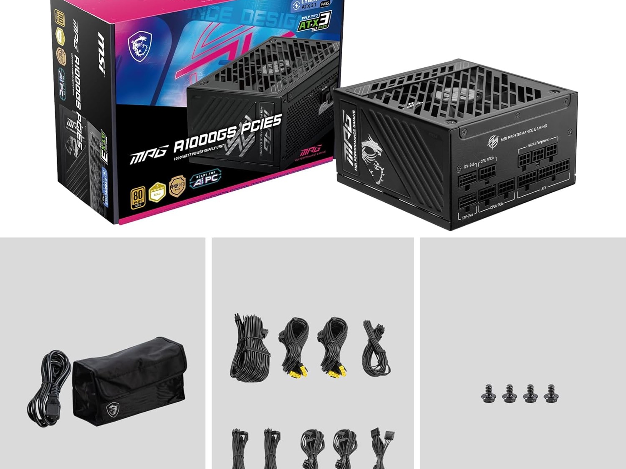 MSI MPG A1000GS PCIE5 ATX 3.1 Gaming Power Supply - Full Modular - 80 Plus Gold Certified 1000W