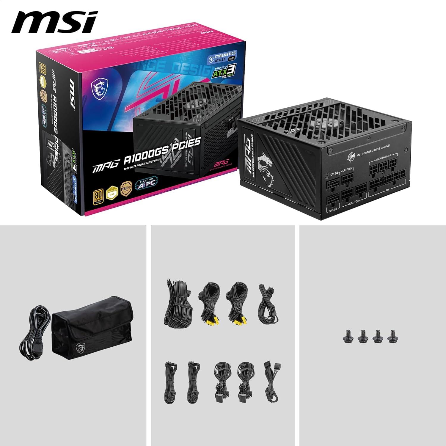 MSI MPG A1000GS PCIE5 ATX 3.1 Gaming Power Supply - Full Modular - 80 Plus Gold Certified 1000W