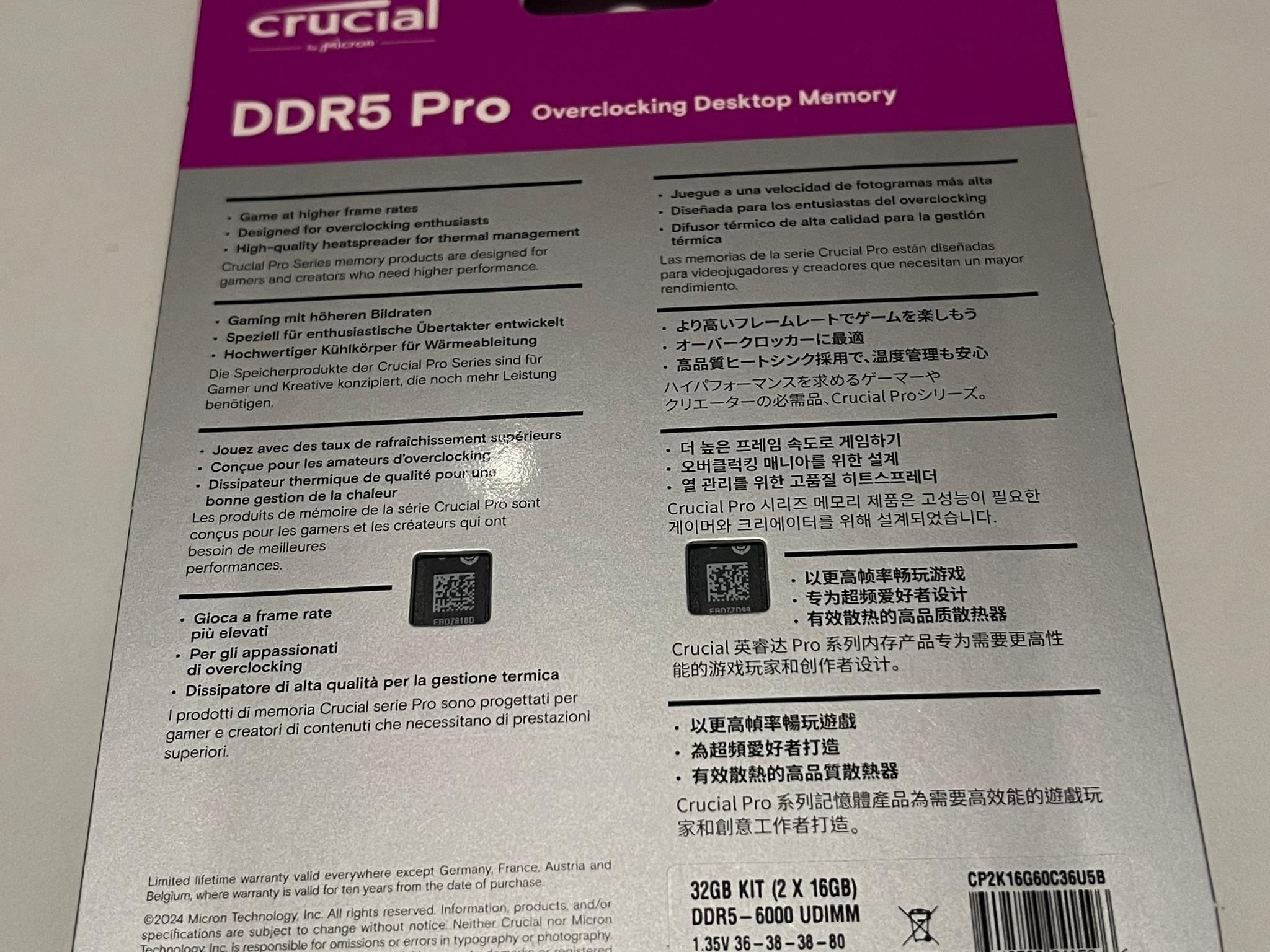 Crucial Pro Overclocking 32GB DDR5-6000 PC5-48000 CL36 Dual Channel Desktop Memory Kit Black