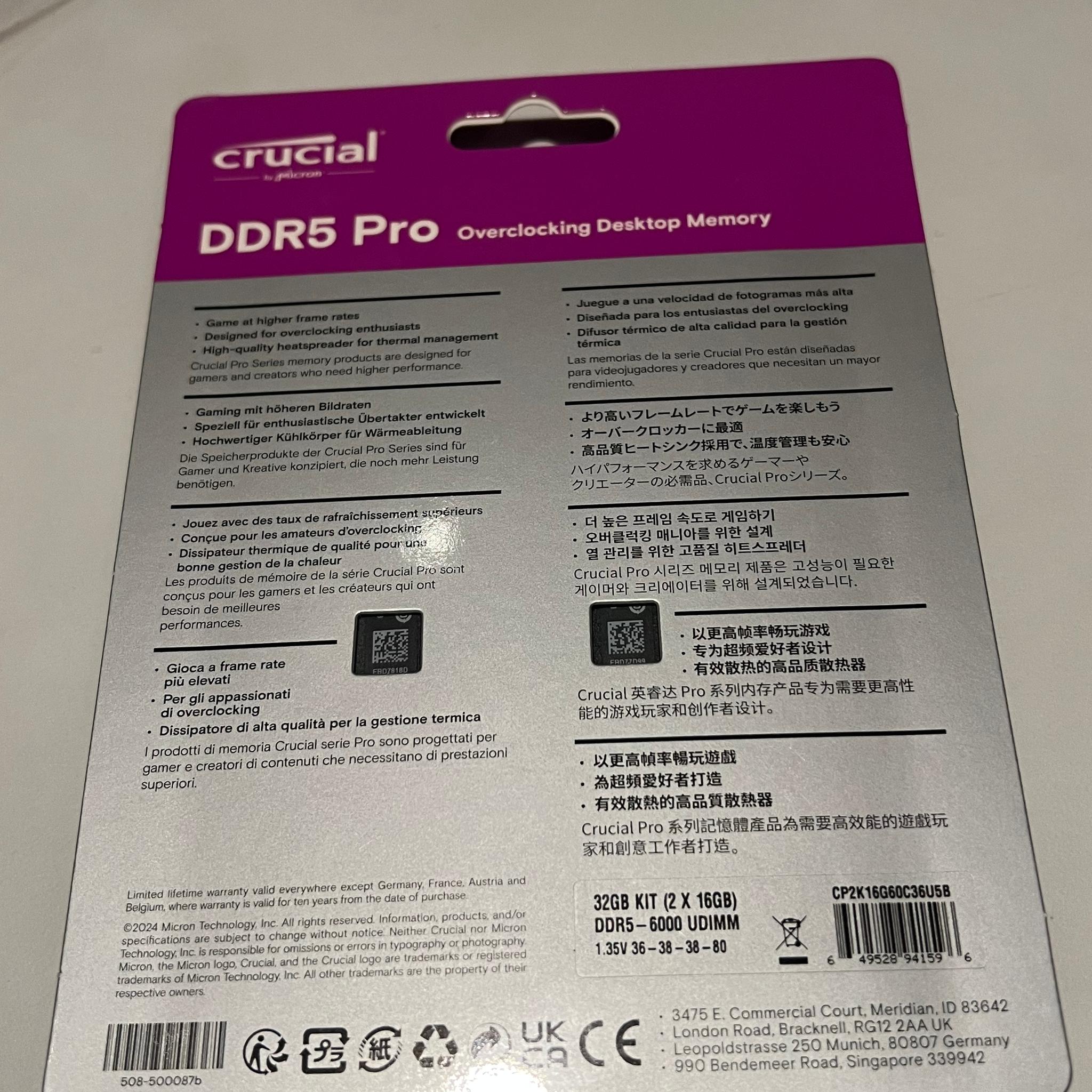 Crucial Pro Overclocking 32GB DDR5-6000 PC5-48000 CL36 Dual Channel Desktop Memory Kit Black