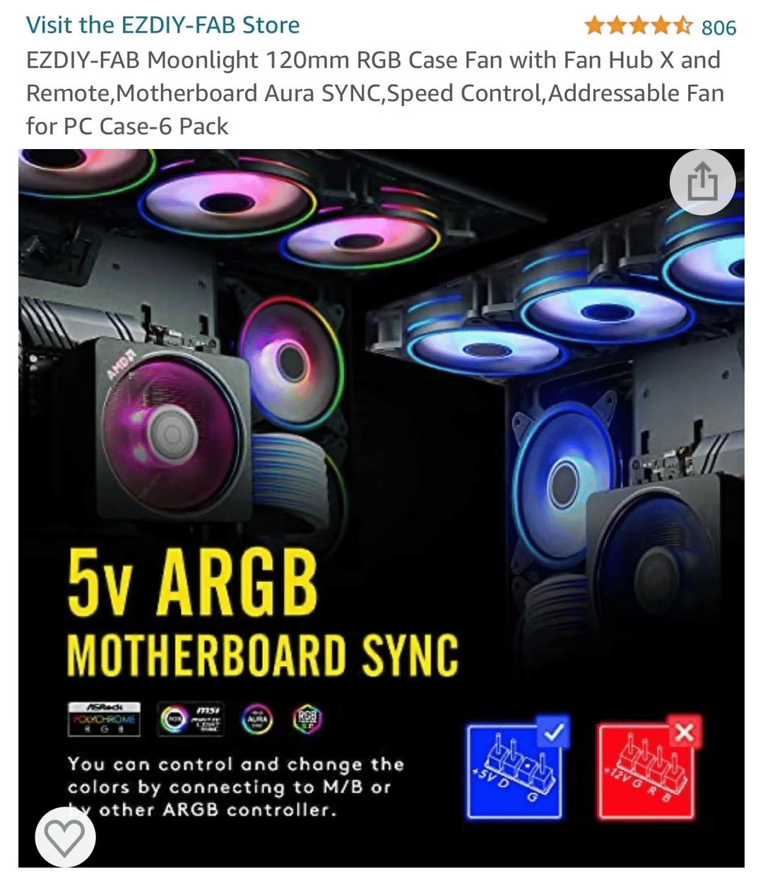 EZDIY RGB 6-Pack Case Fans w/Hub & Controller