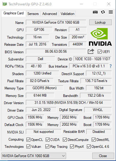 Used, DELL NVIDIA GTX1060DE-ZD6012 HF GTX 1060 6GB
