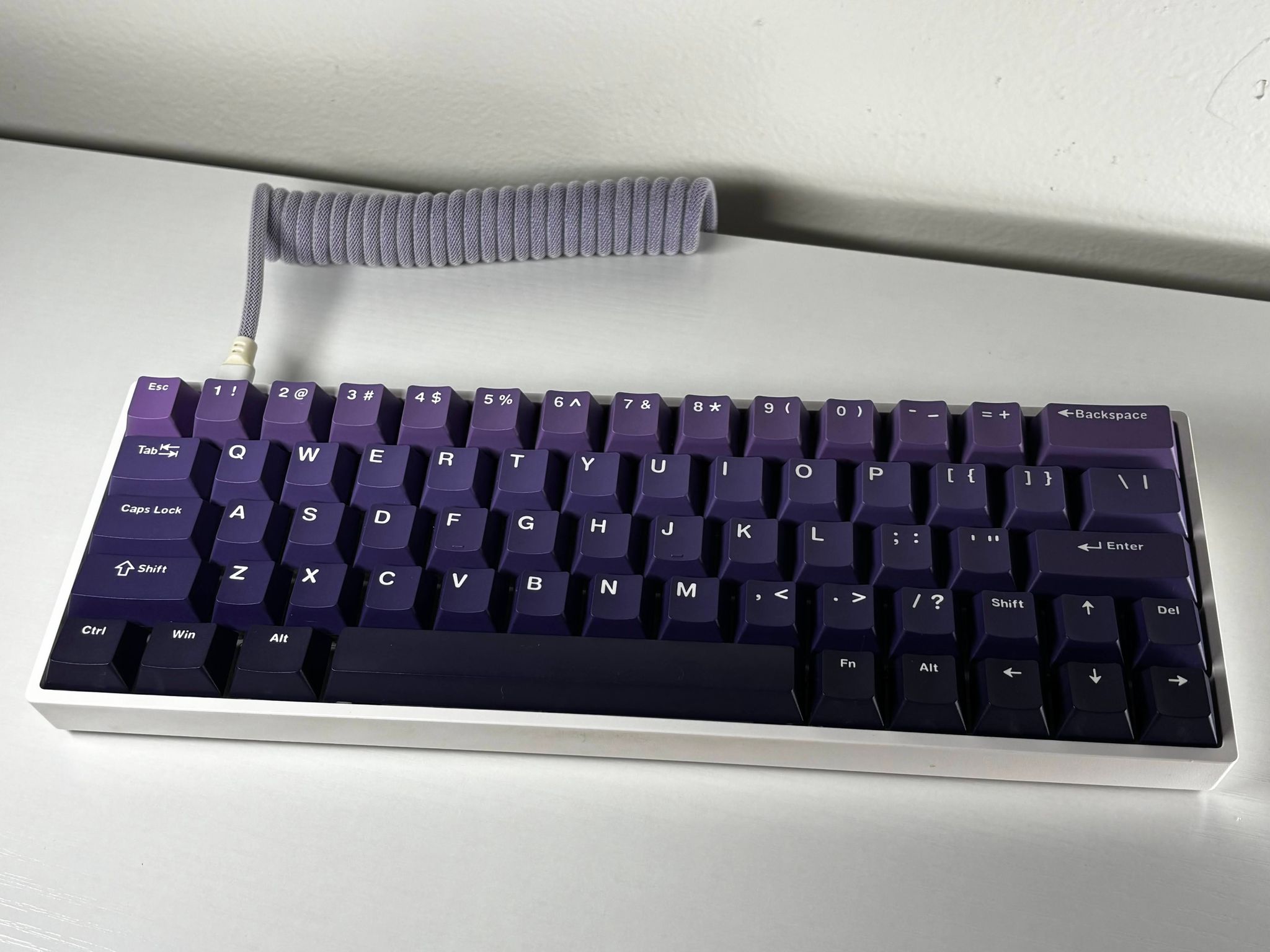 Quality RGB Custom Keyboard - Gateron Milky Yellow + Extras - Purple Hue Keycaps & Coiled Wire