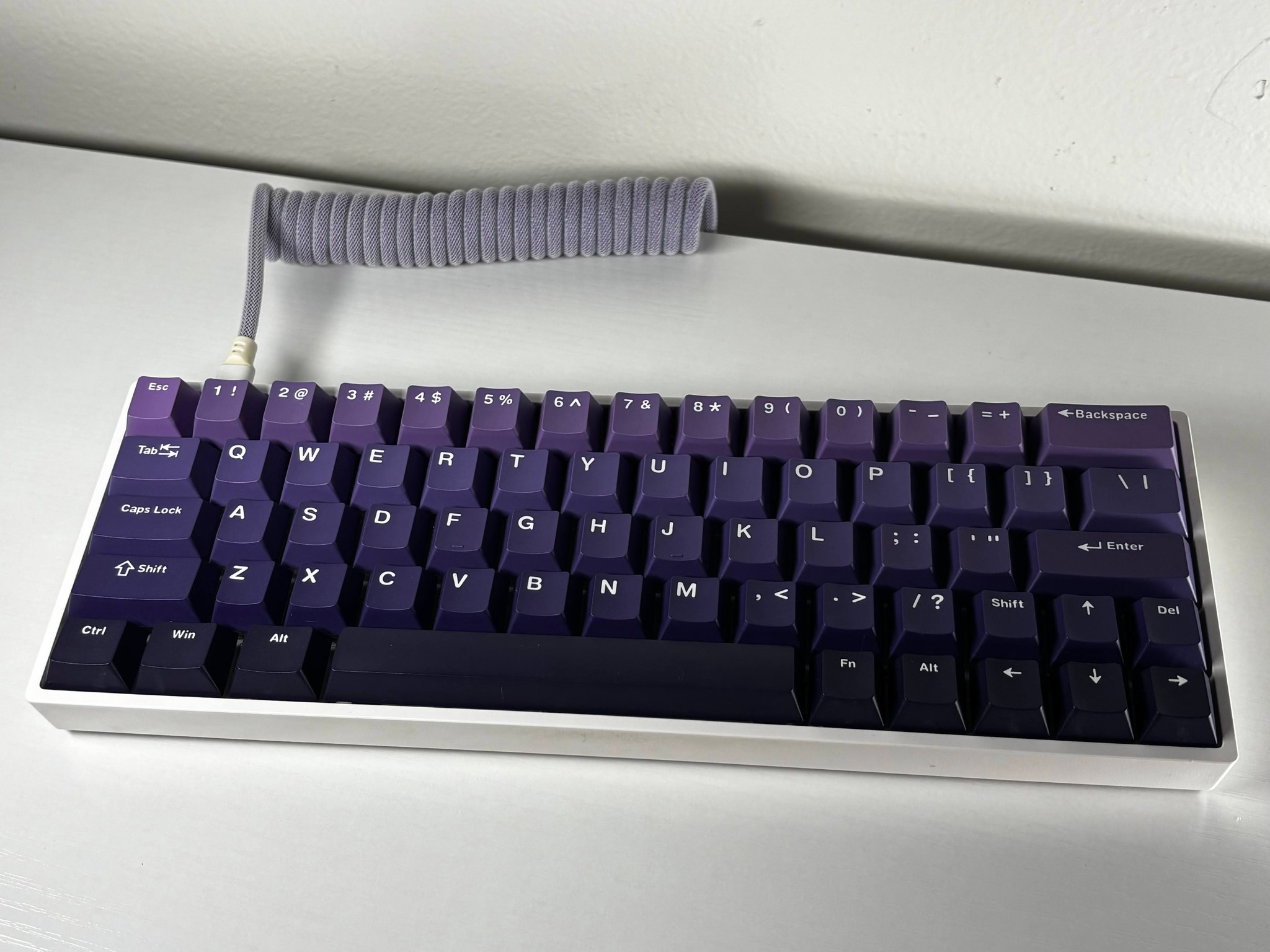 Quality RGB Custom Keyboard - Gateron Milky Yellow + Extras - Purple Hue Keycaps & Coiled Wire