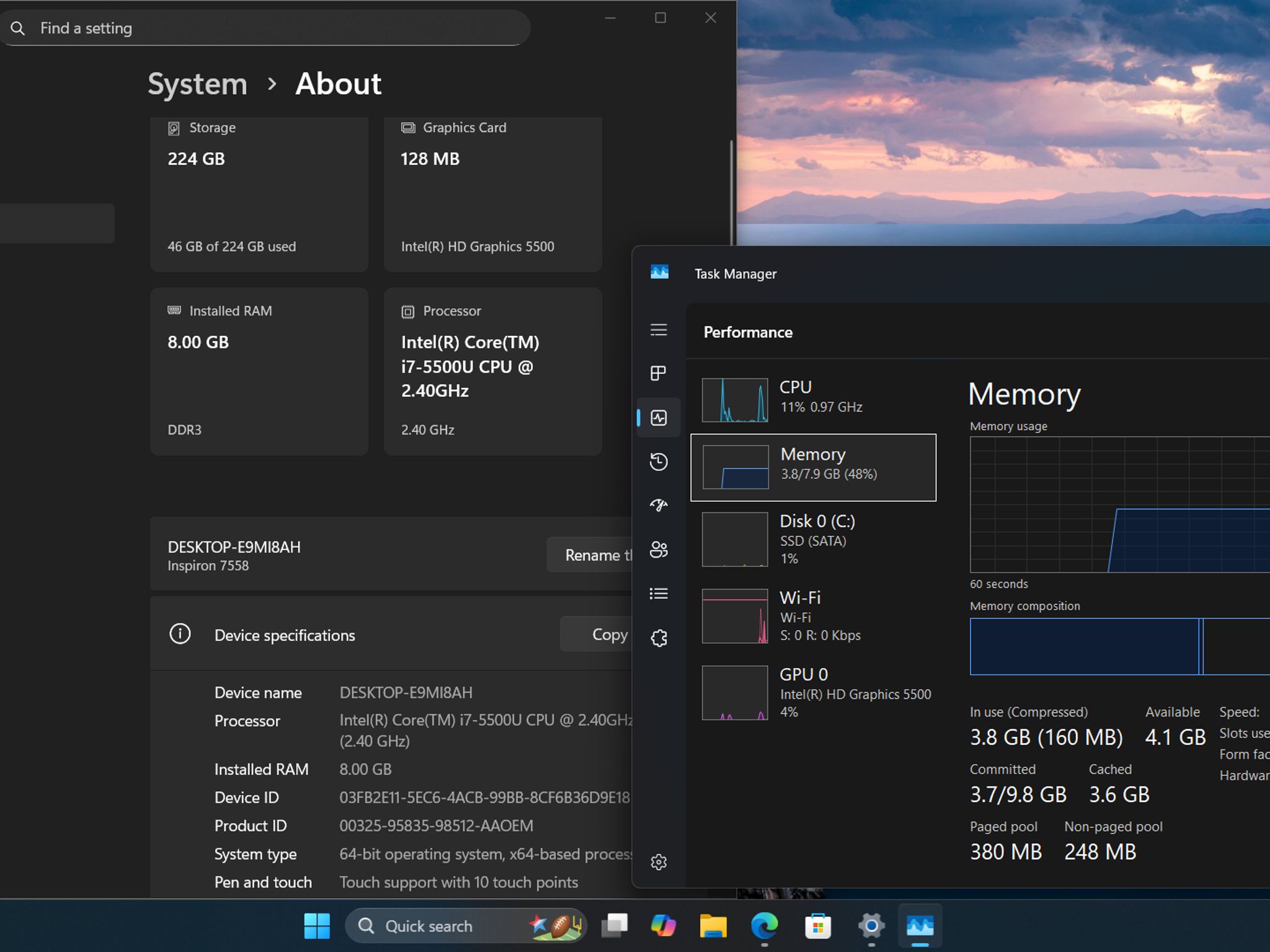 15.6" Dell Insperion 7558 2 in 1, i7-5500u, 8GB Ram, 240GB SSD