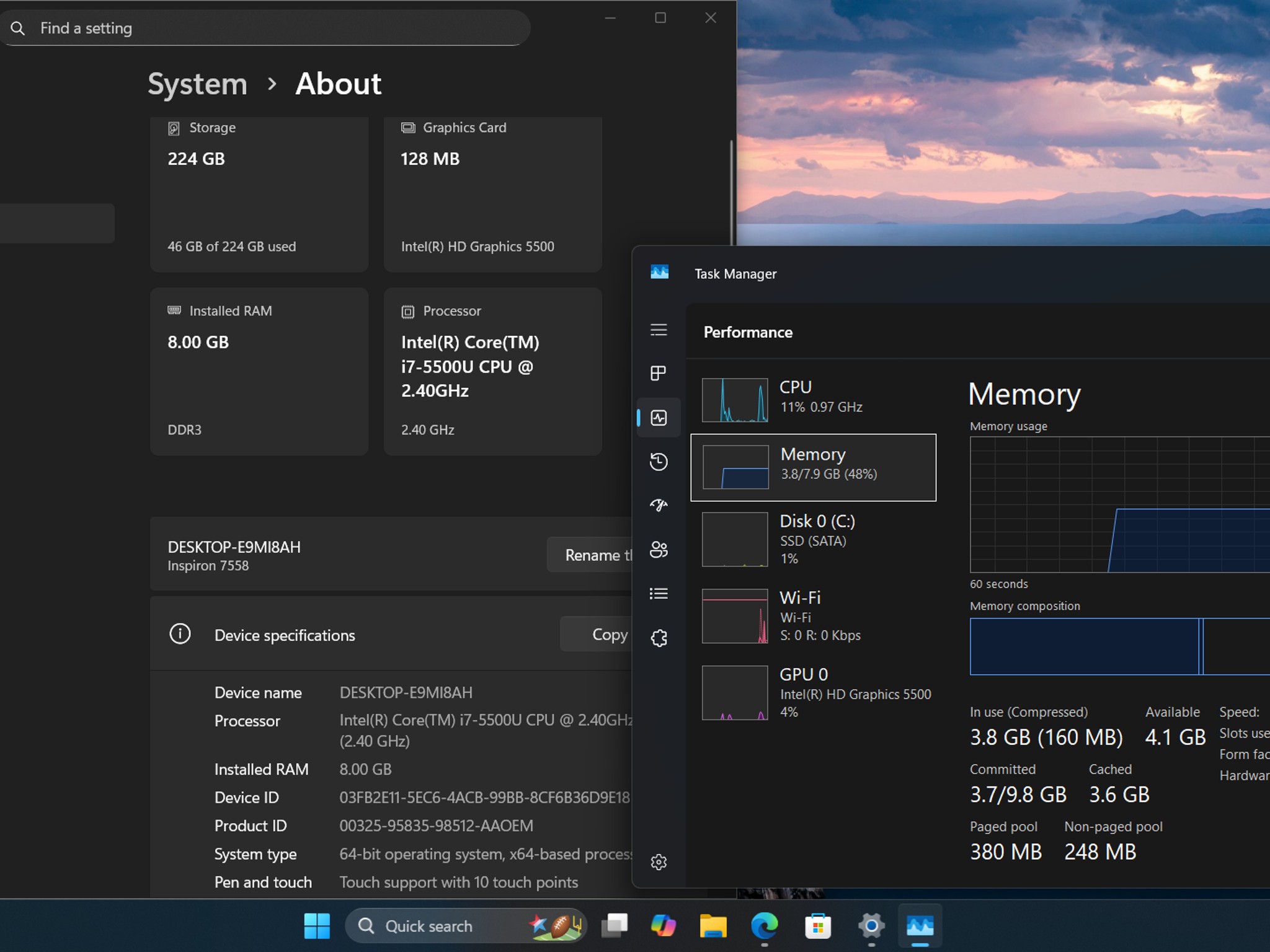 15.6" Dell Insperion 7558 2 in 1, i7-5500u, 8GB Ram, 240GB SSD