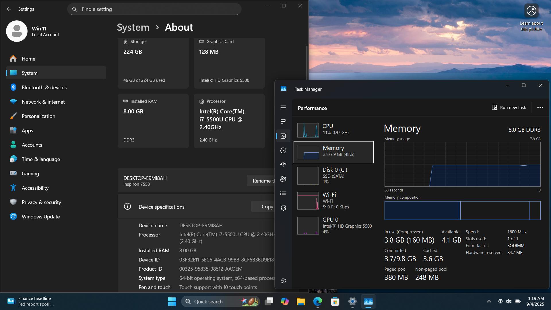 15.6" Dell Insperion 7558 2 in 1, i7-5500u, 8GB Ram, 240GB SSD