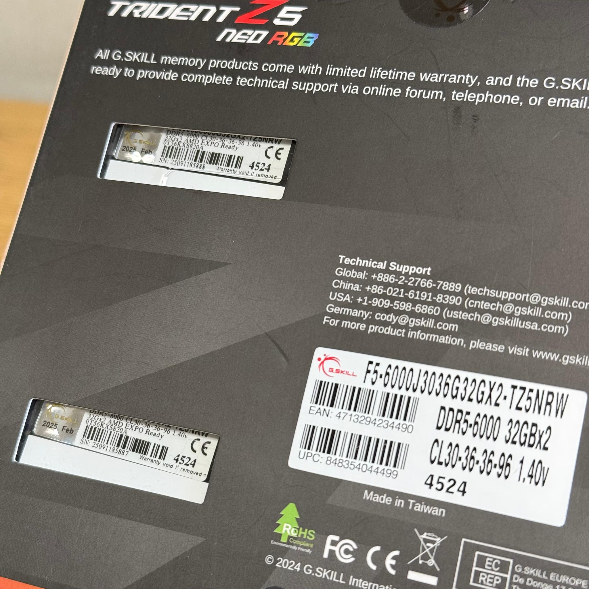NEW 64GB 6000MHz CL30 White G.Skill Trident Z5 RGB (2x32GB) DDR5 RAM - AMD EXPO