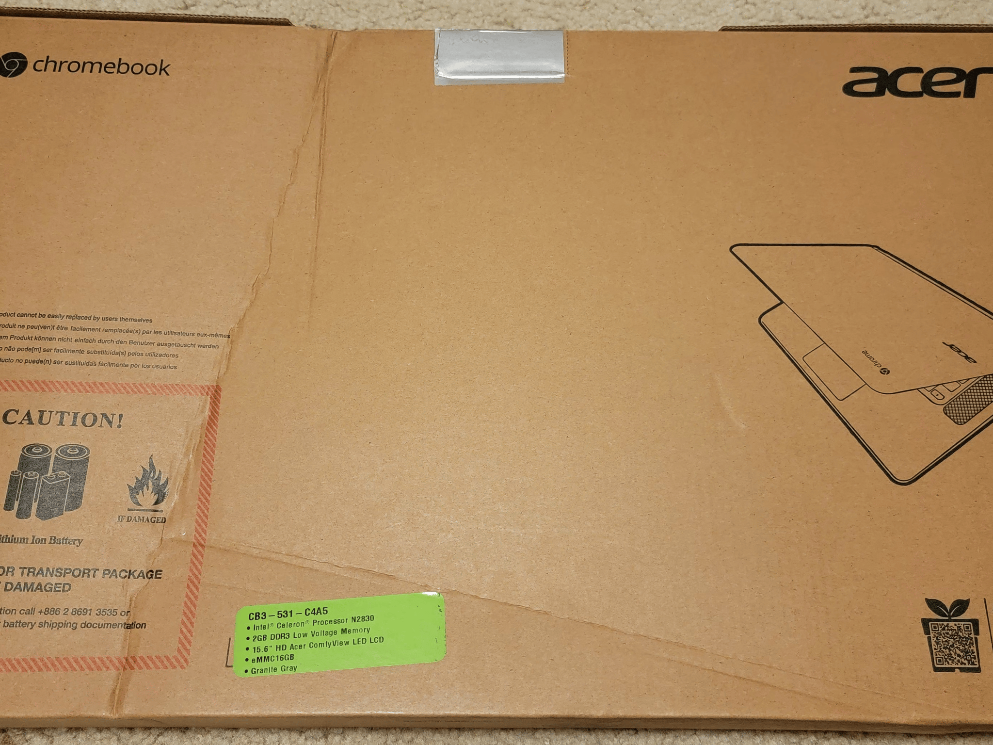 Acer Chromebook 15 CB3-531-C4A5 Granite Gray New In Box